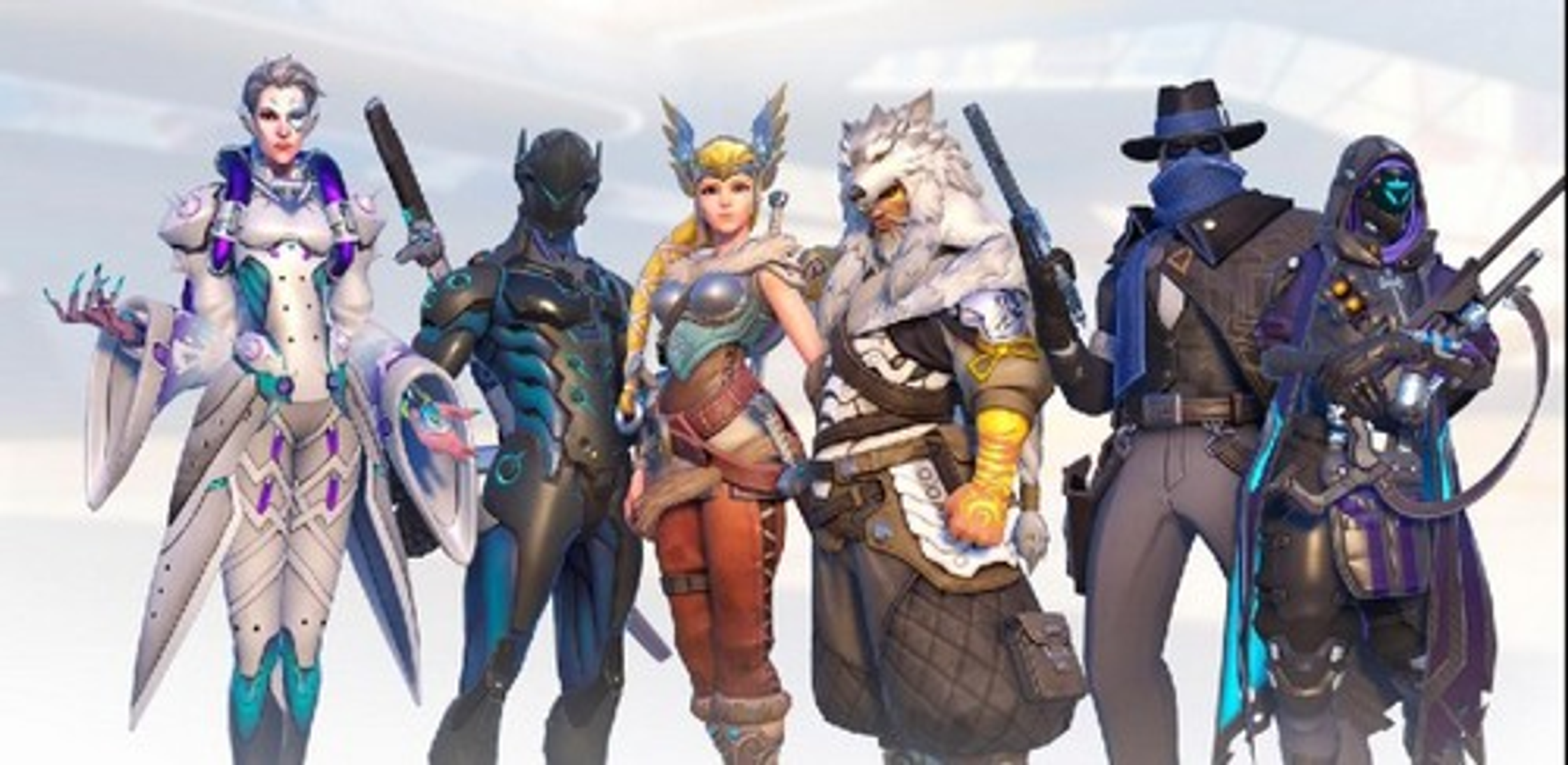 Grupa sześciu postaci z Overwatch w różnych kostiumach, stojących razem. Tło jest jasne.