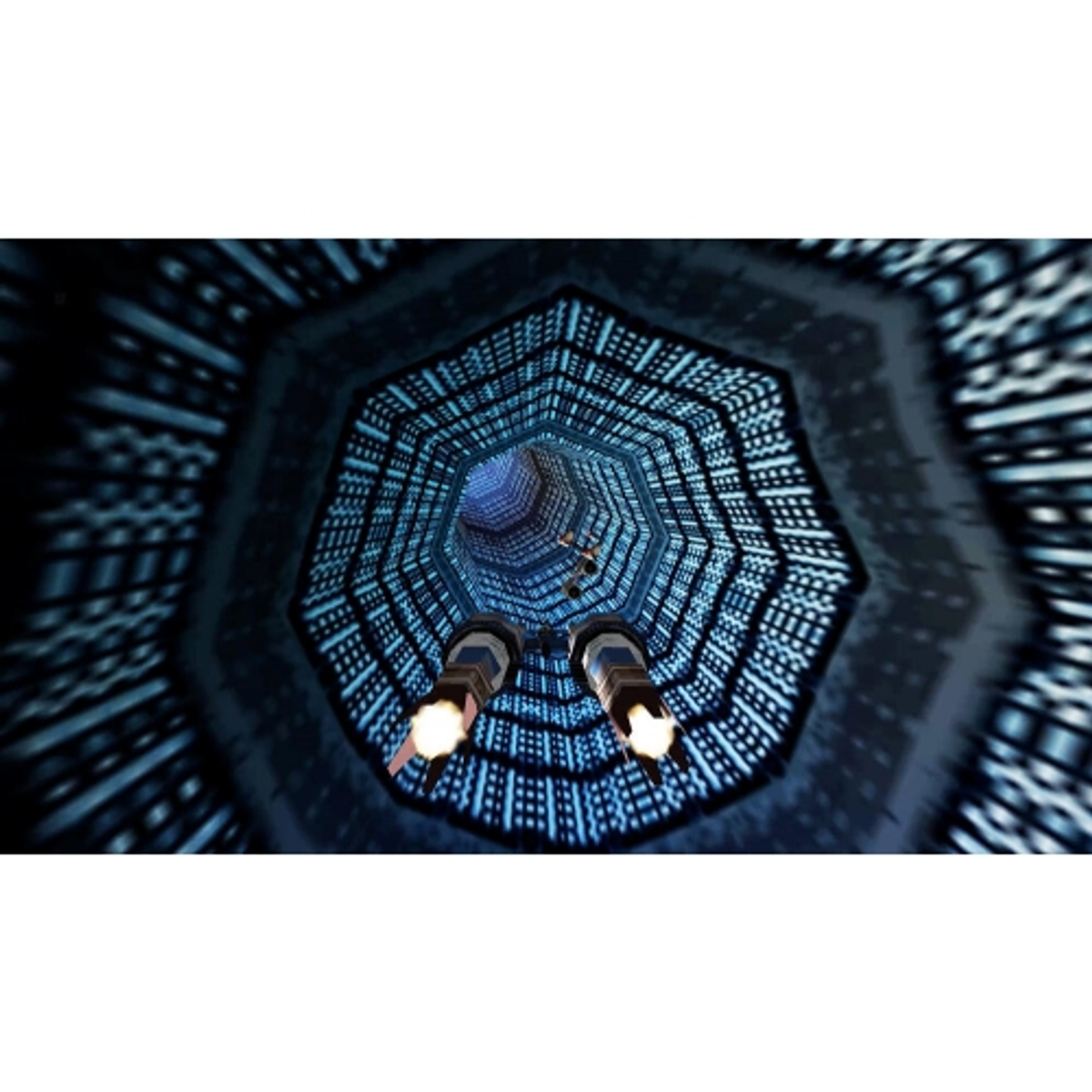 Widok z perspektywy pierwszej osoby statku kosmicznego lecącego przez niebieski, sześciokątny tunel ze światłami i odległą postacią.