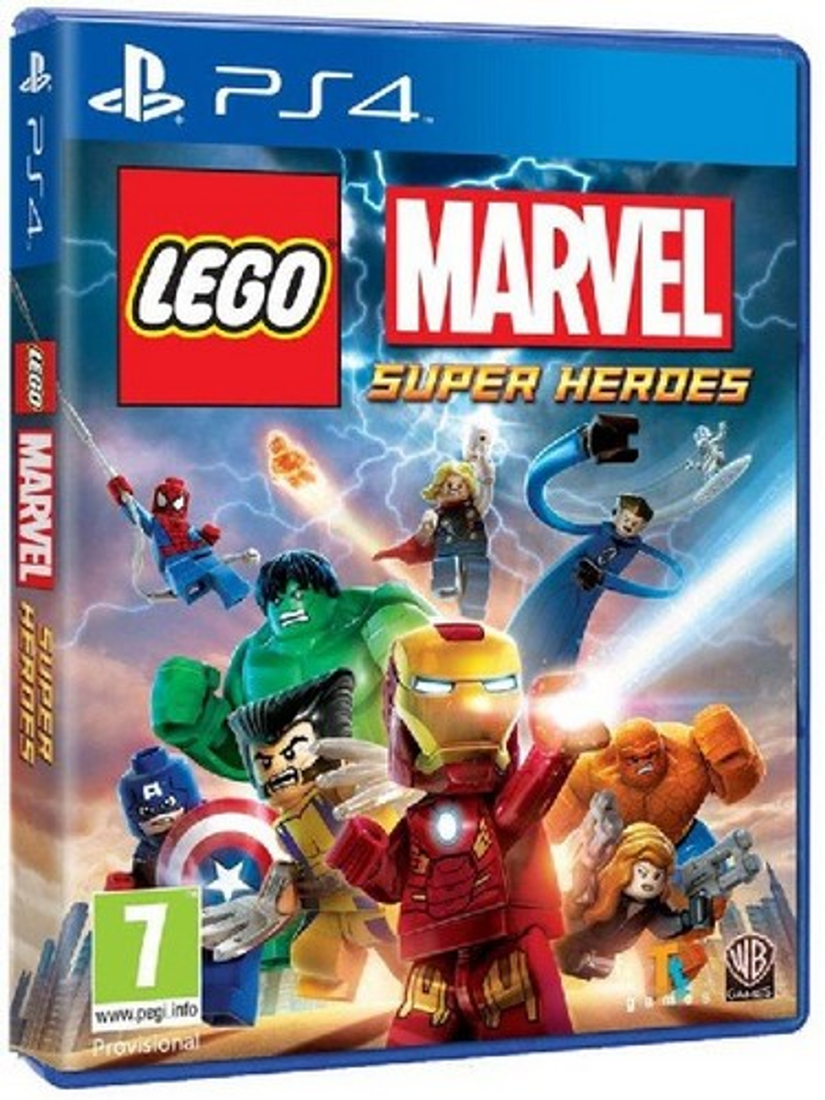 Copertina del gioco LEGO Marvel Super Heroes per PS4. Presenta versioni LEGO dei personaggi Marvel.