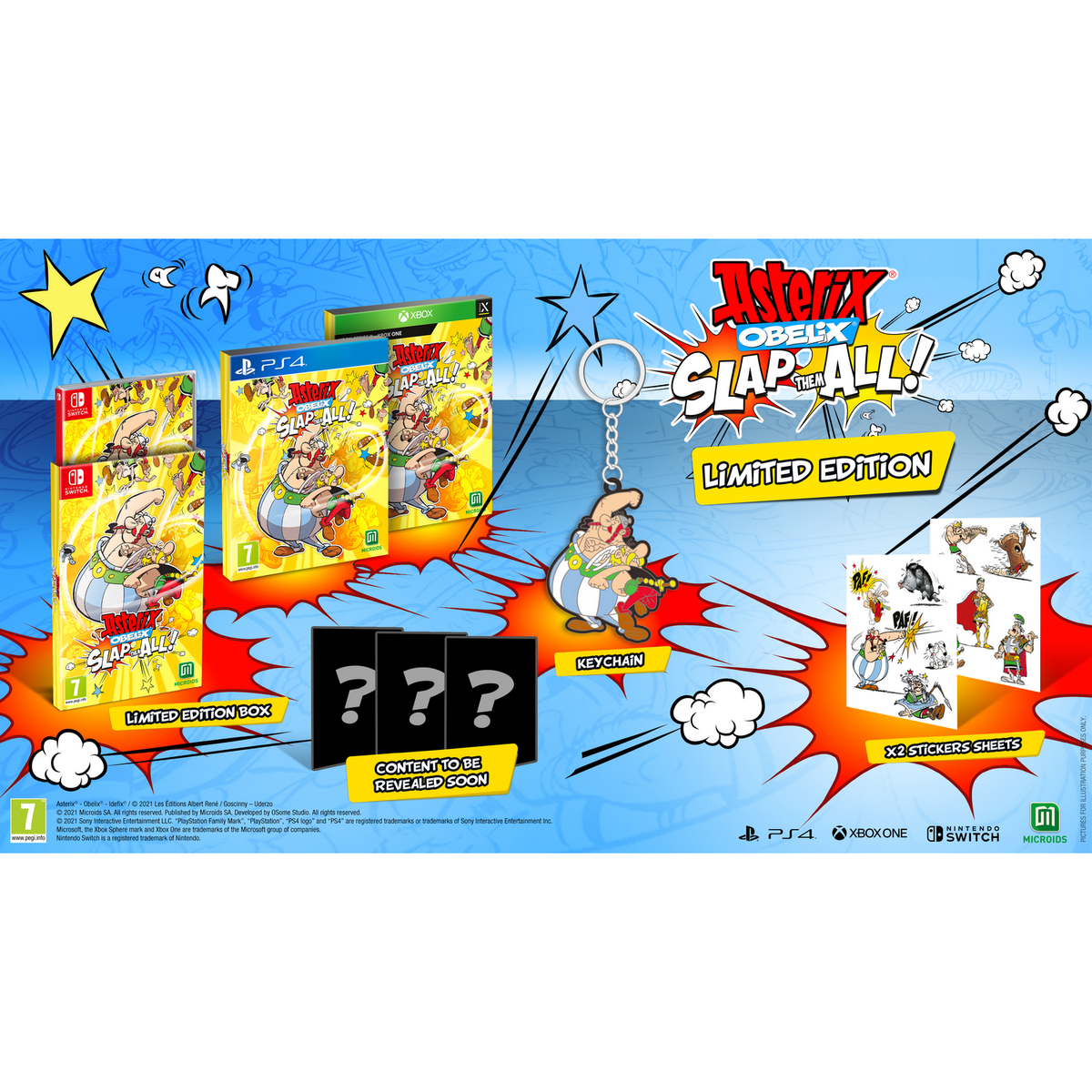 Asterix & Obelix Slap the All! limitowana edycja pudełka z grą z naklejkami i breloczkiem. Białe tło.