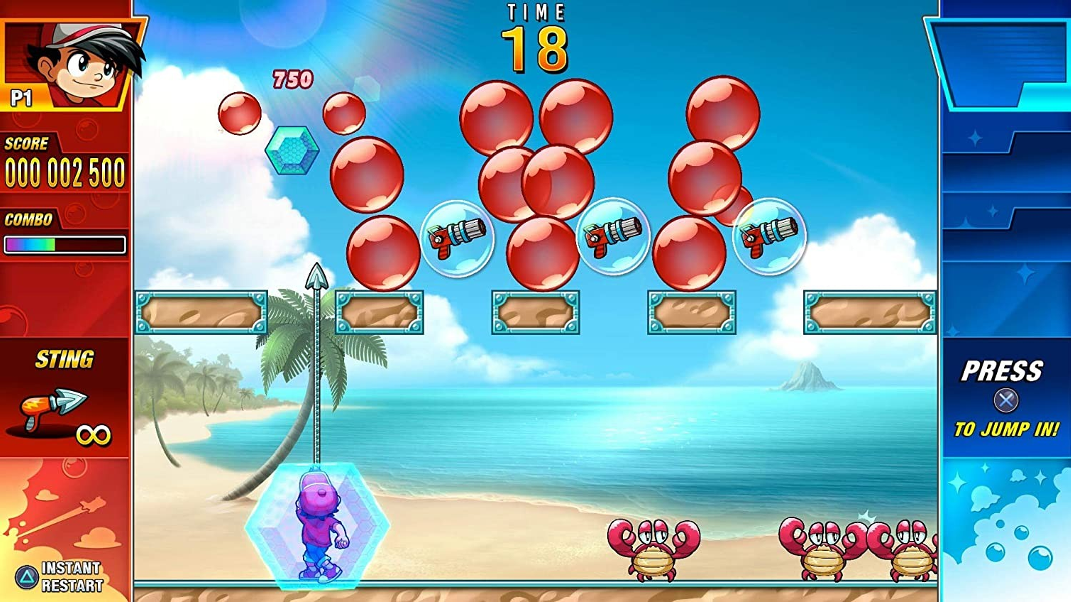 Una pantalla de videojuego con personajes de dibujos animados en un entorno de playa, con burbujas y cangrejos.