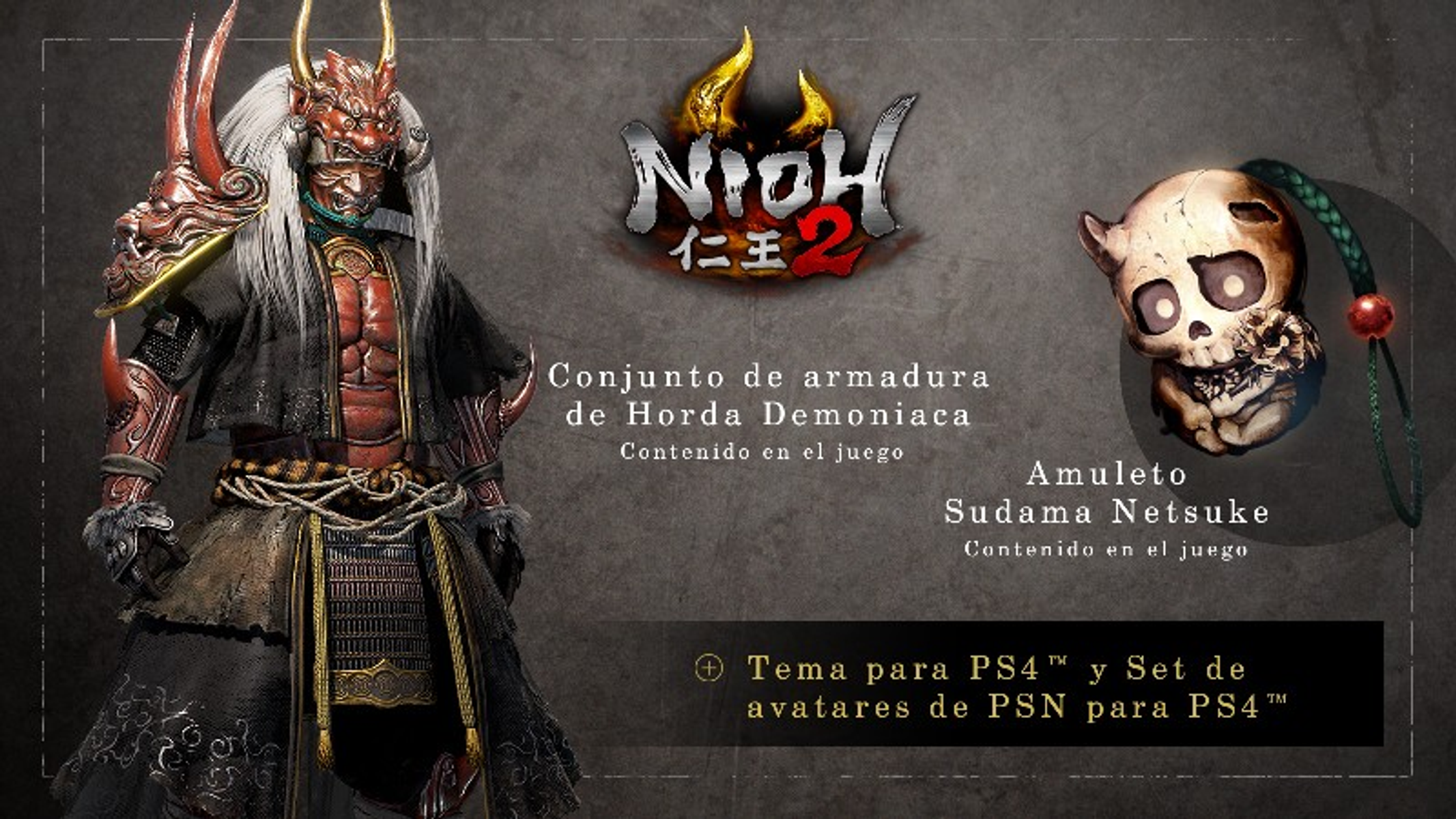 Portada del juego Nioh 2 con dos objetos del juego. Un monstruo y un amuleto con forma de calavera.