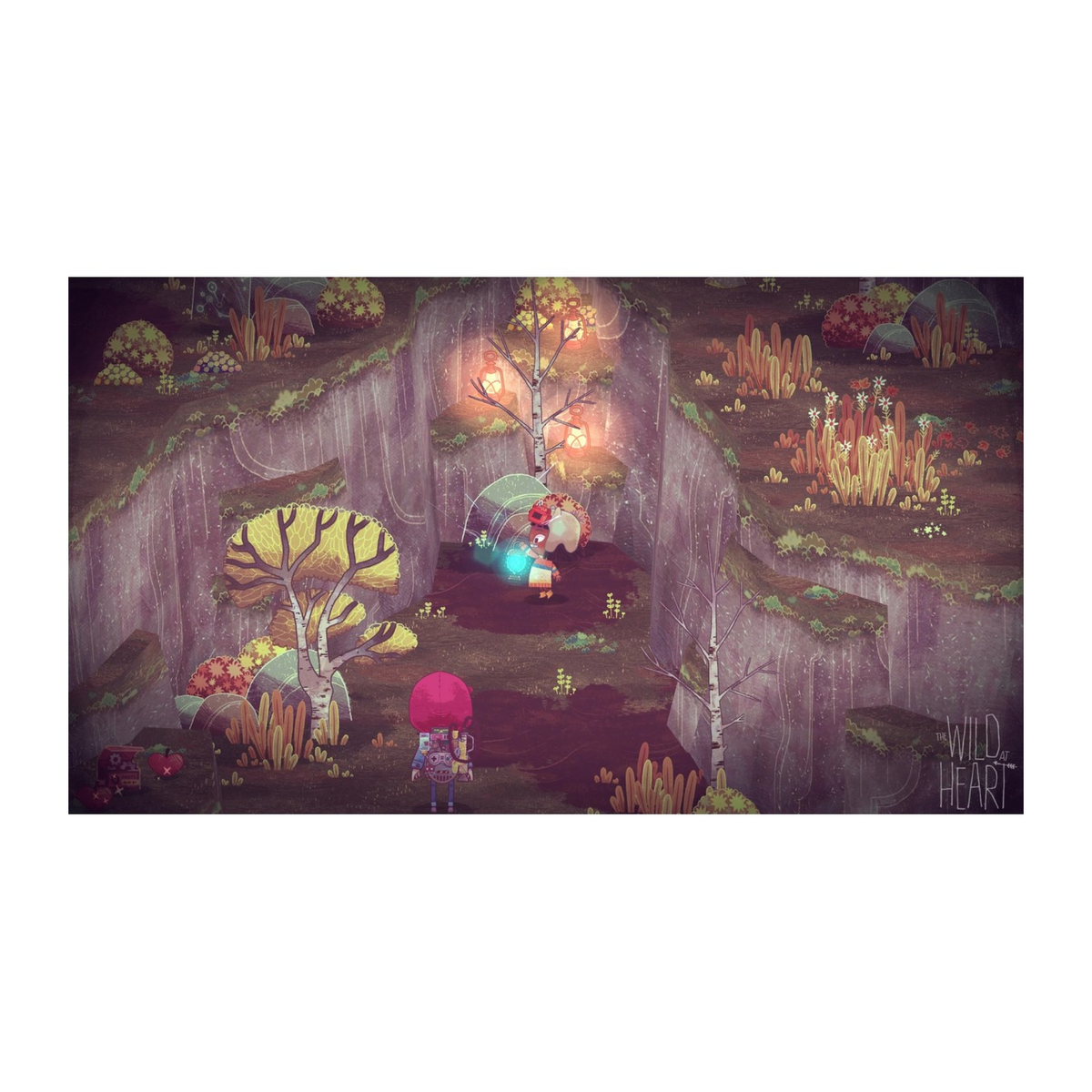 Scena di gioco: un personaggio con uno zaino rosa in una foresta stilizzata con luci.