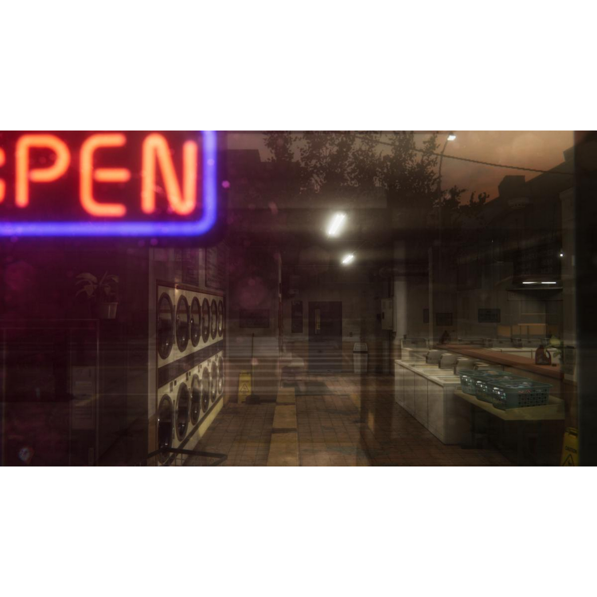 Neonowy szyld z napisem „OPEN” w słabo oświetlonej pralni z widocznymi pralkami.