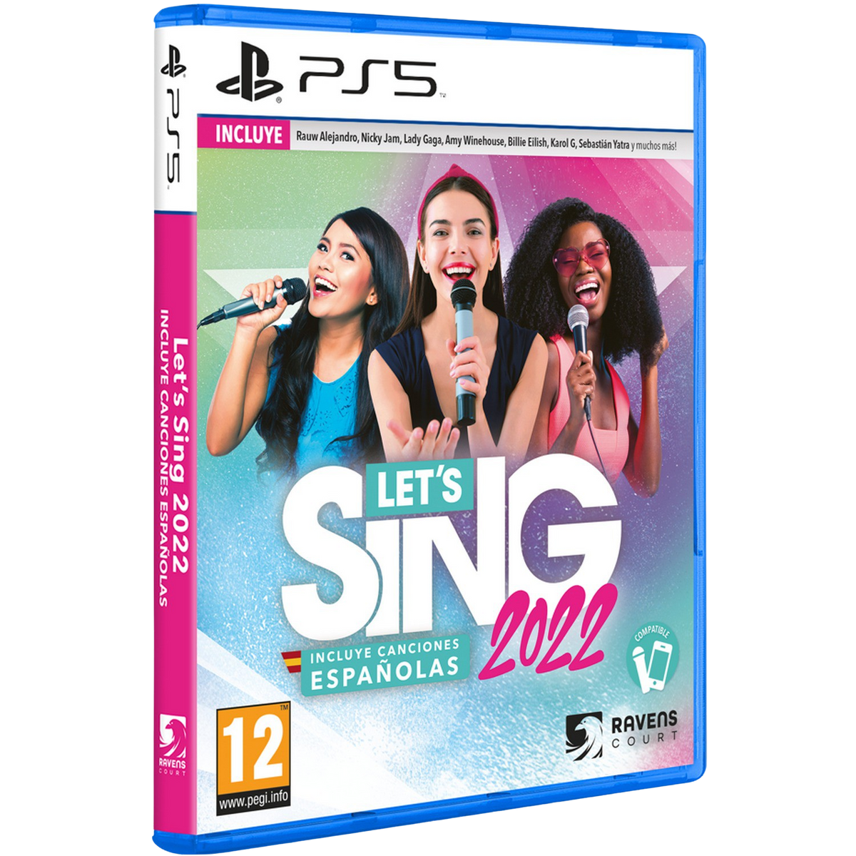 Copertina del gioco 'Let's Sing 2022' per PS5. Tre donne con microfoni.