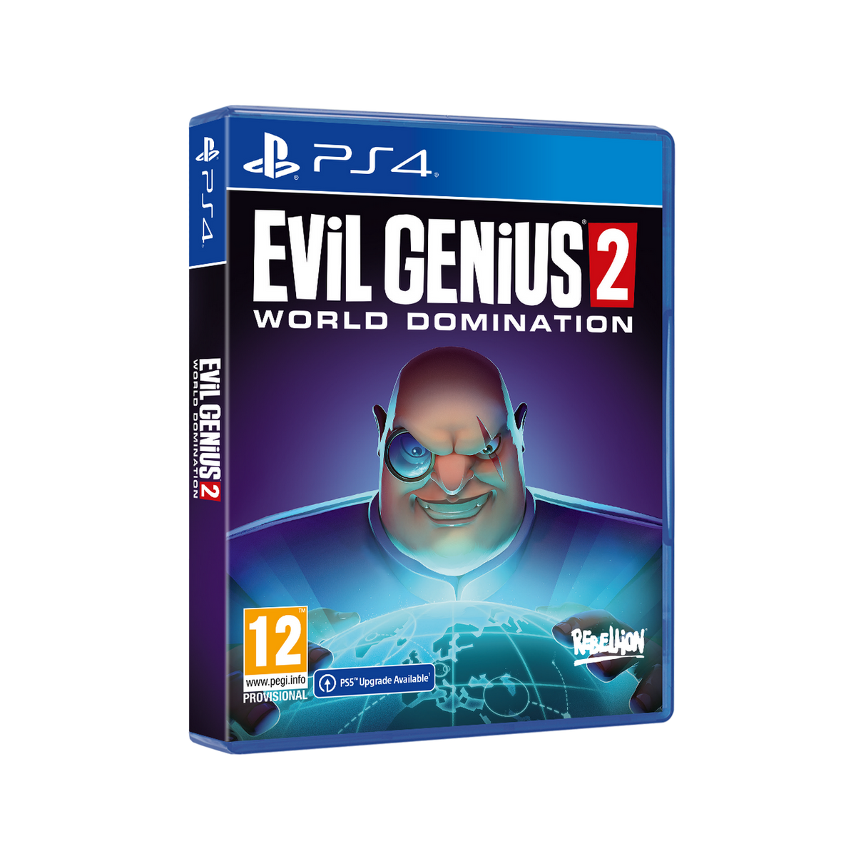 Portada del juego Evil Genius 2. Un hombre calvo con un monóculo está en la portada, mostrando un mapa del mundo.