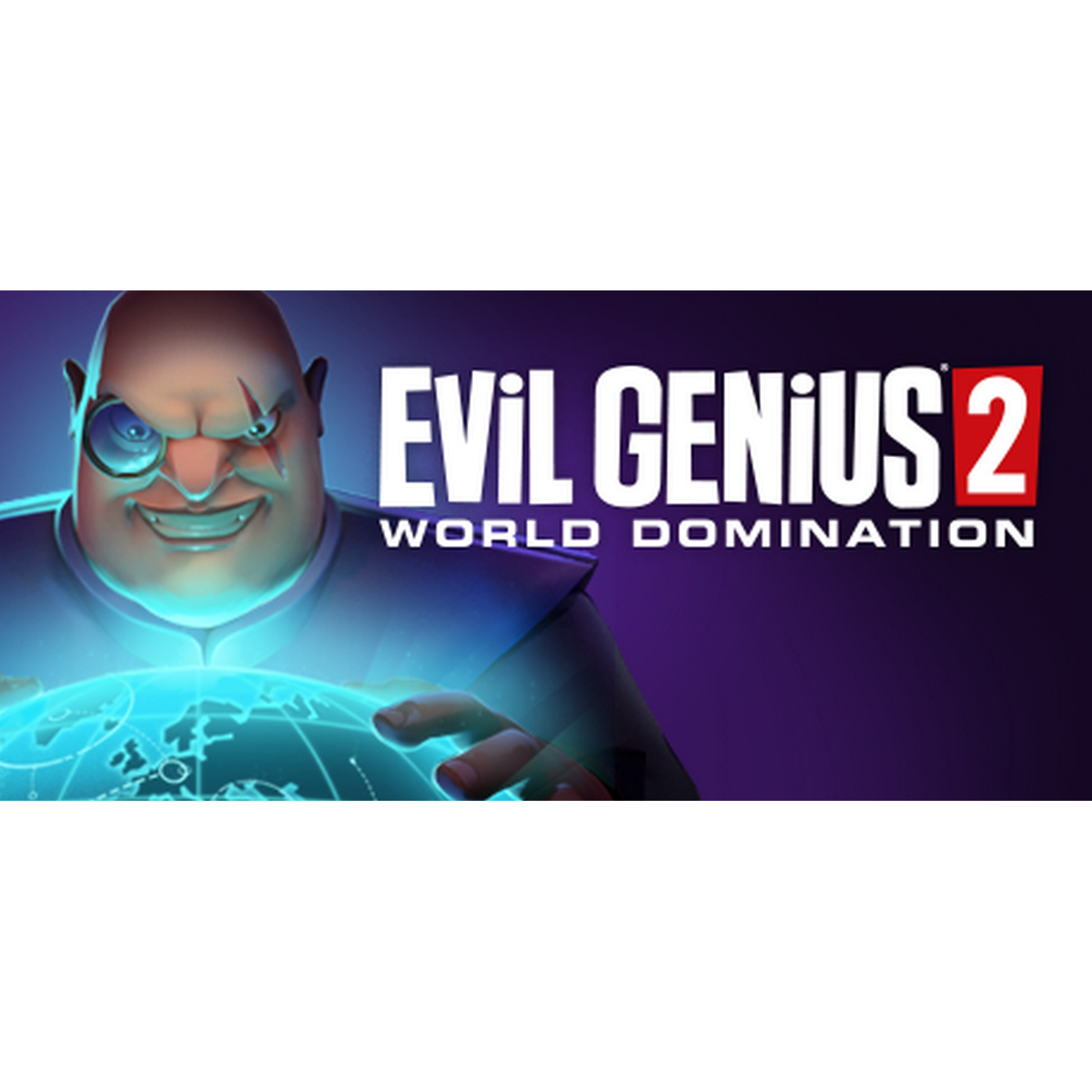 Obraz okładki gry Evil Genius 2, łysy złoczyńca z monoklem i tytuł gry.