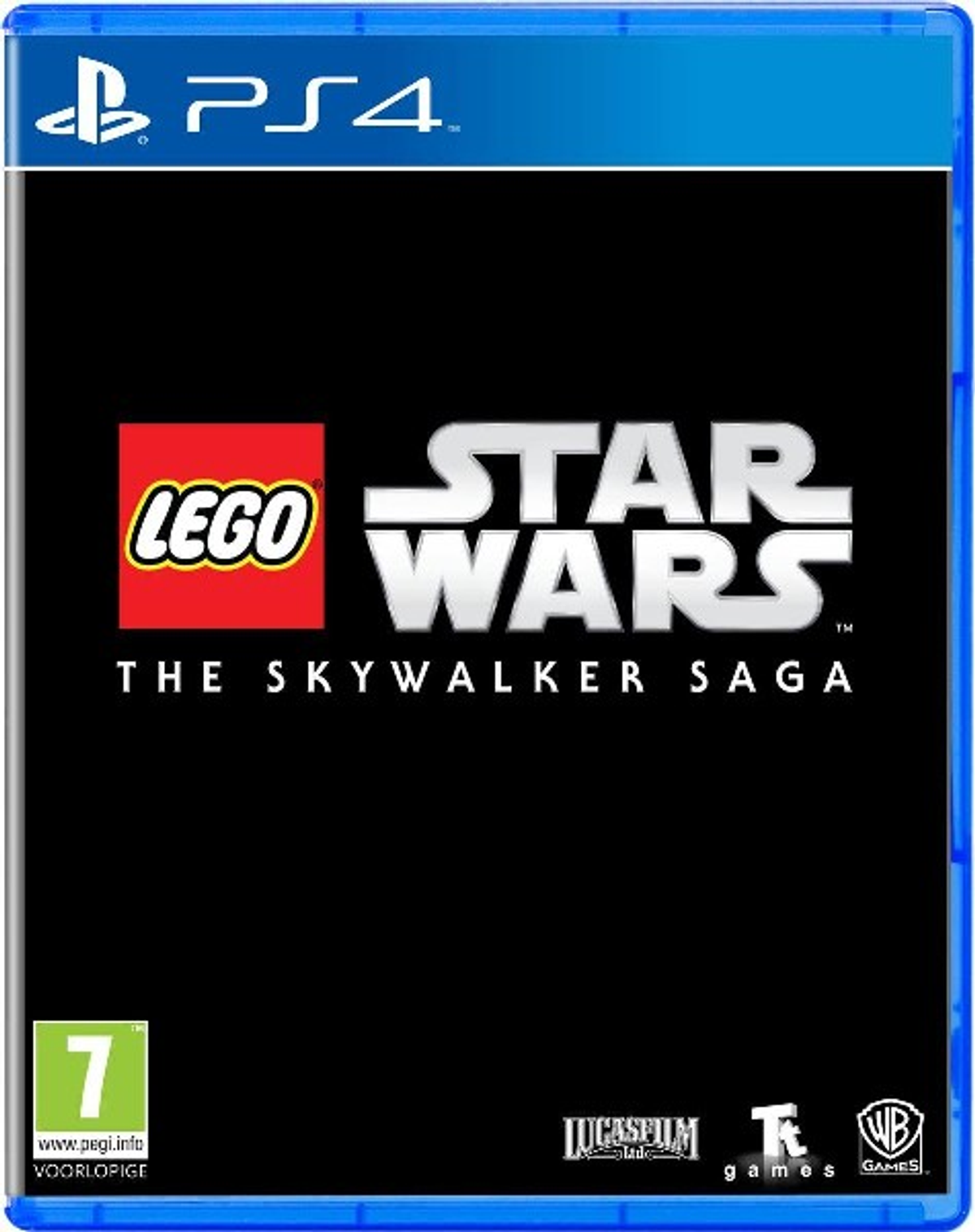 Custodia del gioco PS4 per LEGO Star Wars: The Skywalker Saga. Sfondo nero con titolo del gioco e loghi.