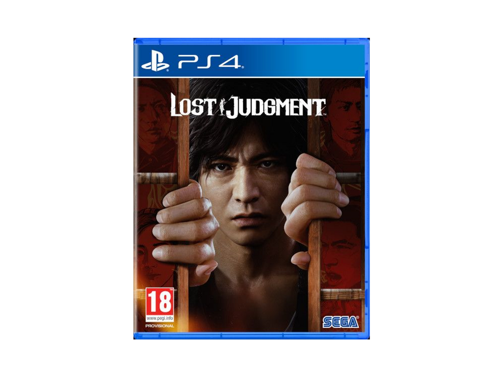 Portada del juego de PS4 "Lost Judgment". Un hombre tras las rejas con otras caras de fondo.