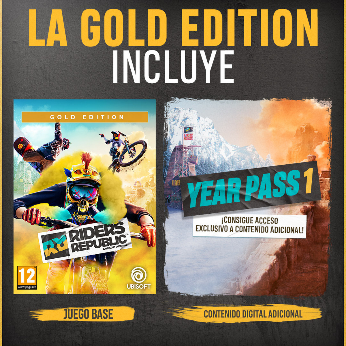 Okładka gry: Riders Republic Gold Edition, zdjęcia z gry i Year Pass 1, żółty tekst.