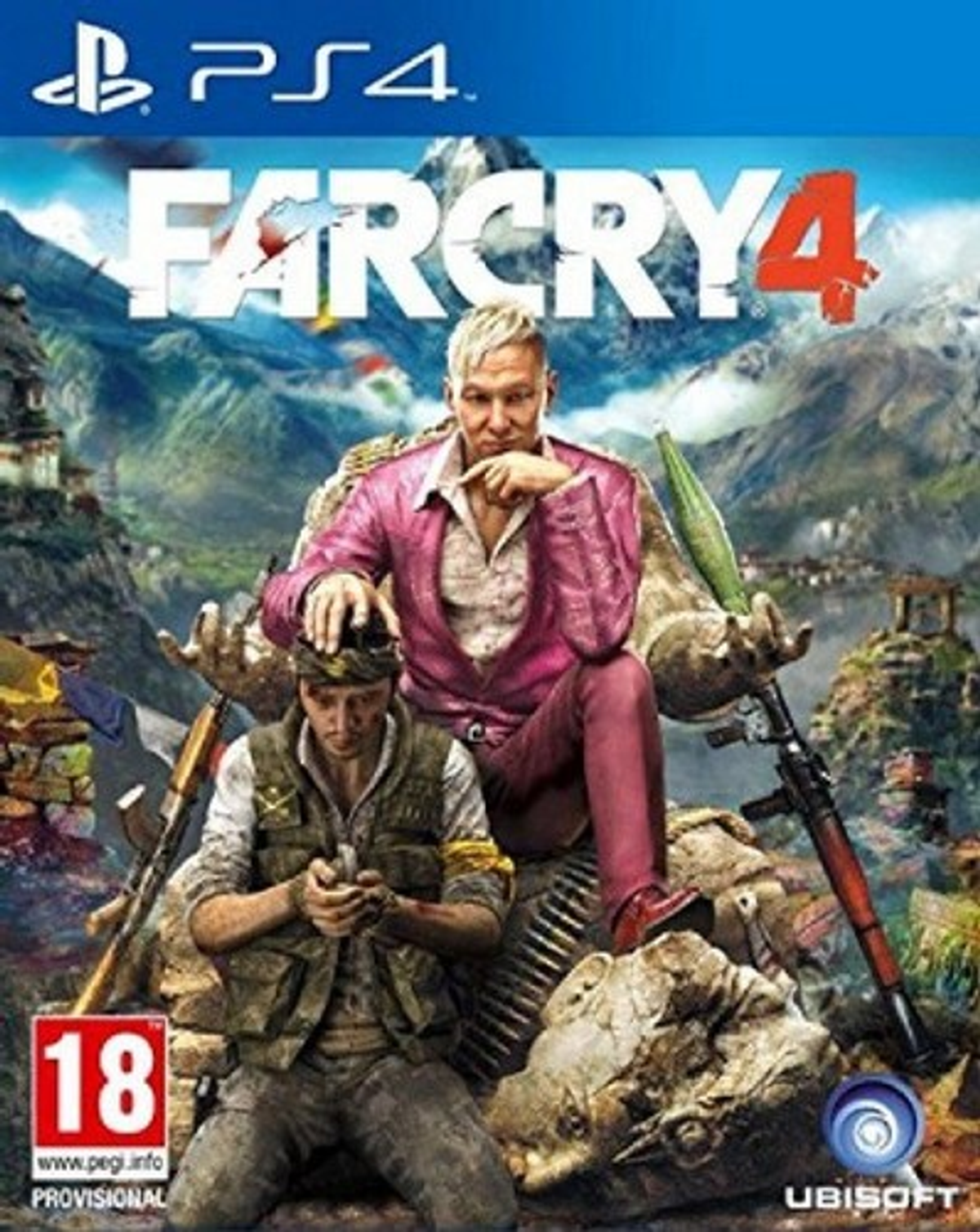 Portada del juego Far Cry 4 en PS4, con un hombre con chaqueta rosa y otro con armas.