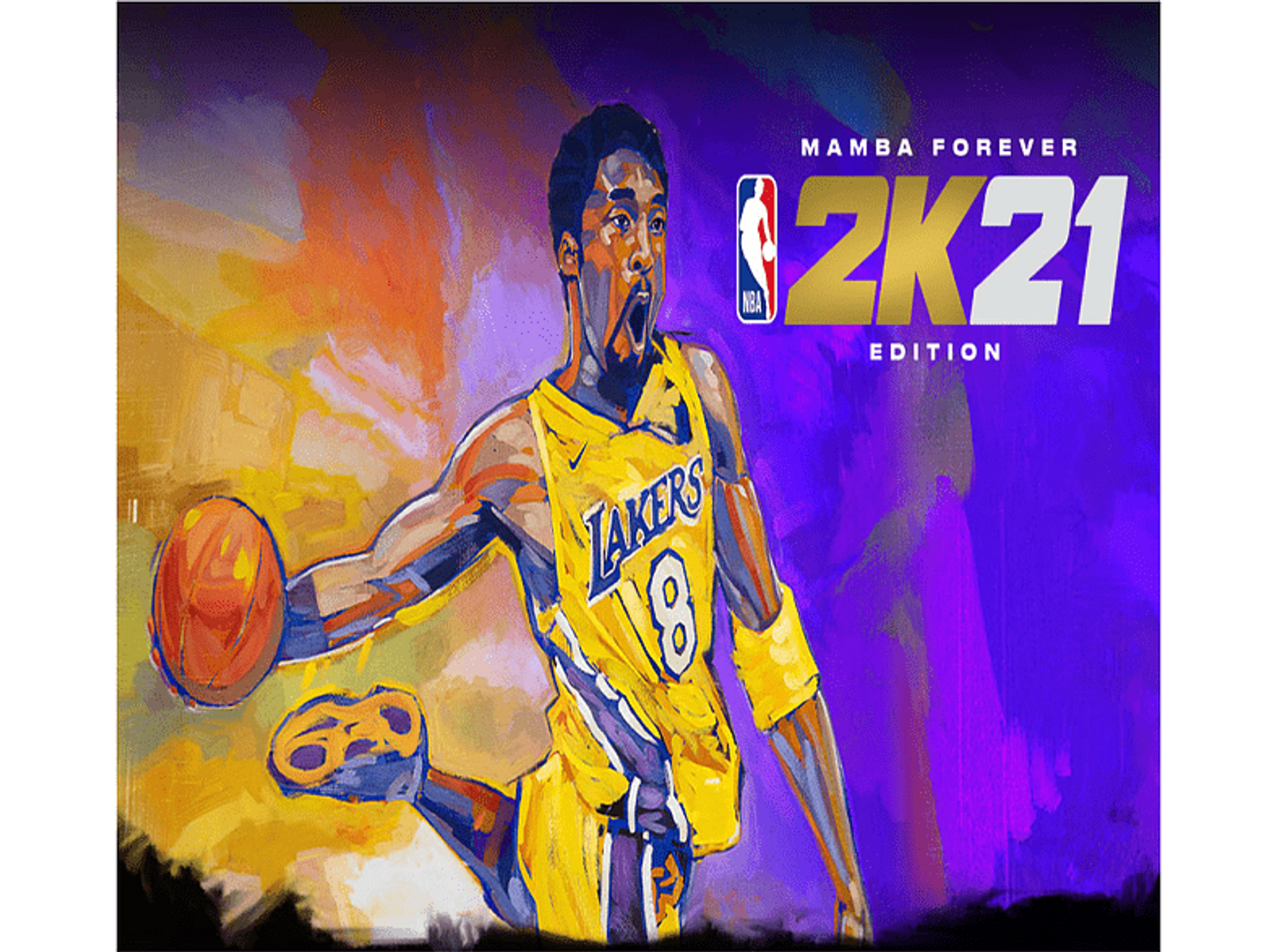 NBA 2K21: Mamba Forever Edition. Kobe Bryant en la portada con camiseta de los Lakers y fondo amarillo.