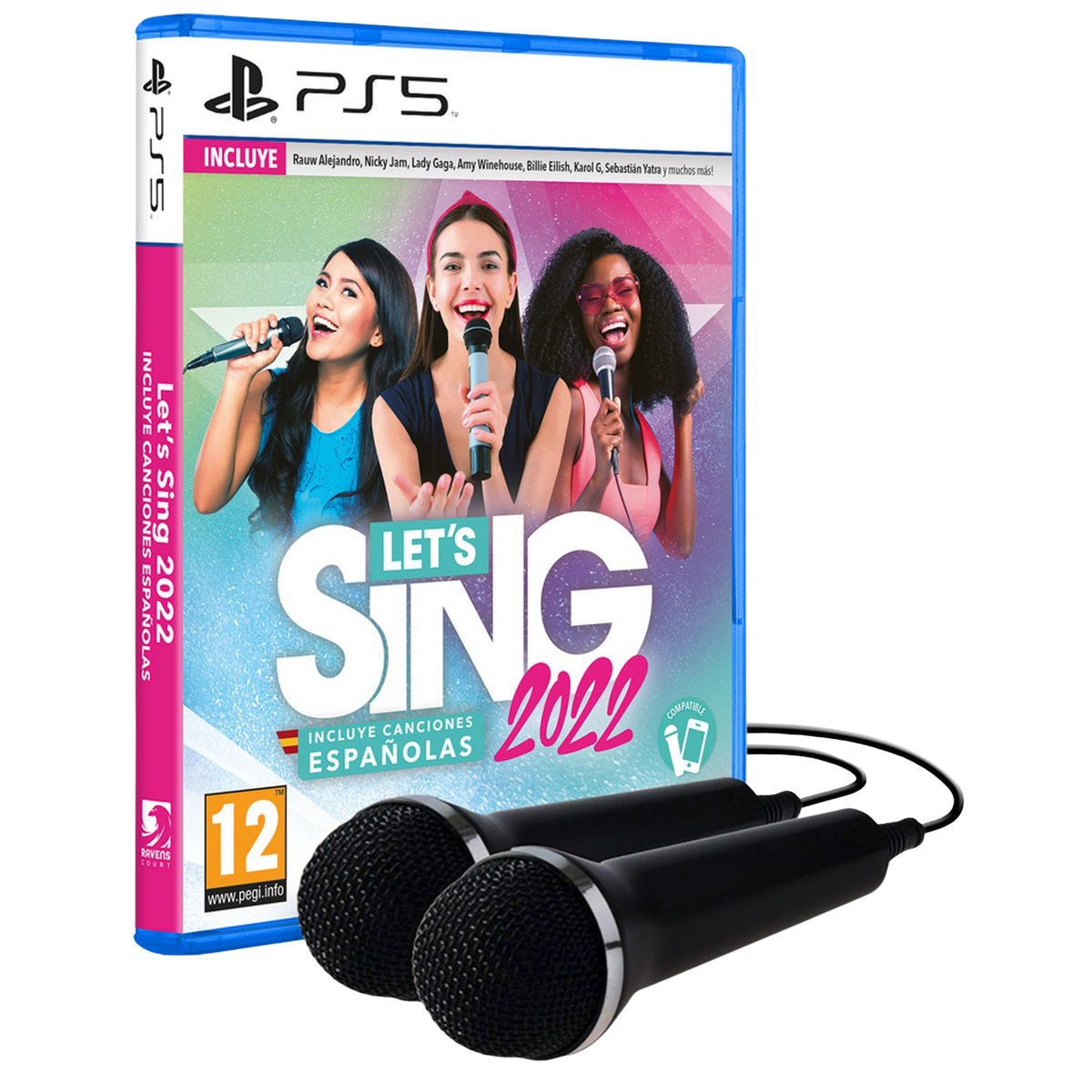 Caja del juego Let's Sing 2022 con micrófonos. Tres mujeres cantan.