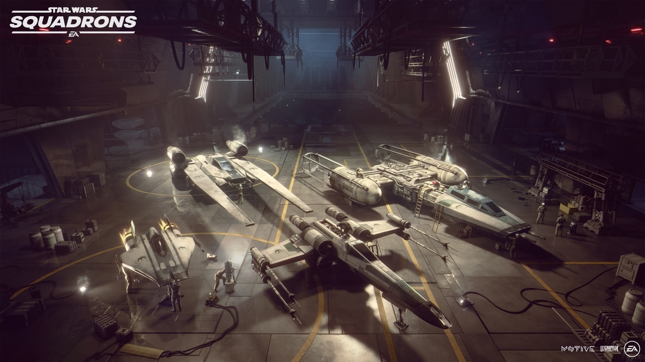 Scena z gry Star Wars: Squadrons przedstawiająca wiele statków kosmicznych w hangarze.
