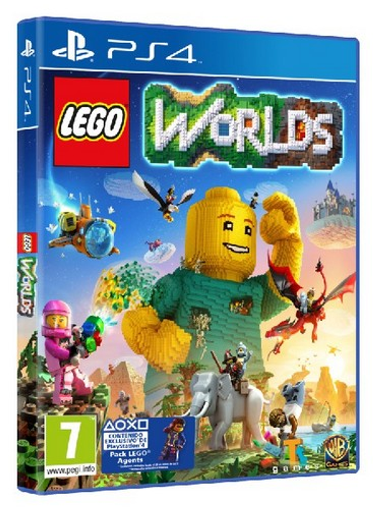 Scatola del gioco PS4 per 'Lego Worlds' con un personaggio Lego e varie scene colorate.