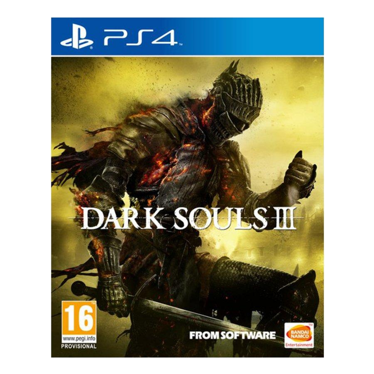 Grafika pudełka gry z rycerzem w zbroi, z mieczem i mrocznym fantastycznym tłem.