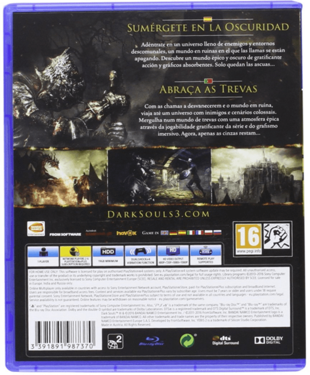 Tył pudełka gry Dark Souls 3 ze zdjęciami postaci i tekstem w wielu językach.