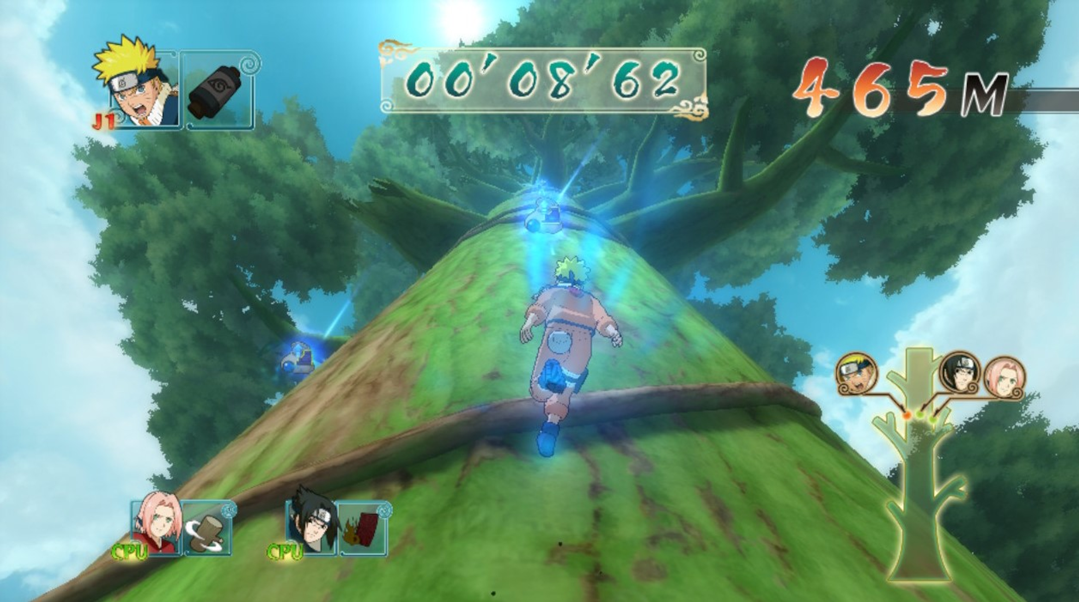Zrzut ekranu z gry Naruto. Naruto wbiega na drzewo, wyświetlane są ikony innych postaci.