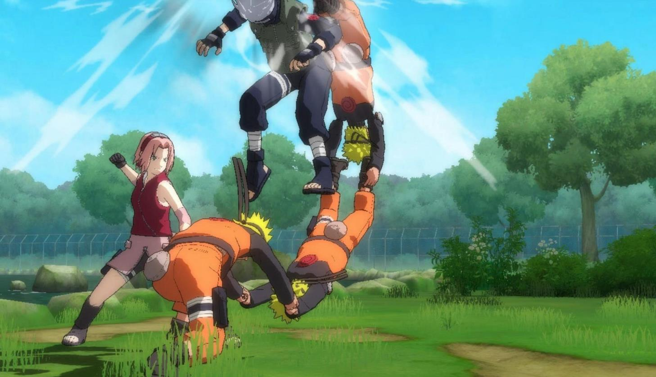 Postacie Naruto w dynamicznej pozie akcji, z niebieskim tłem nieba.