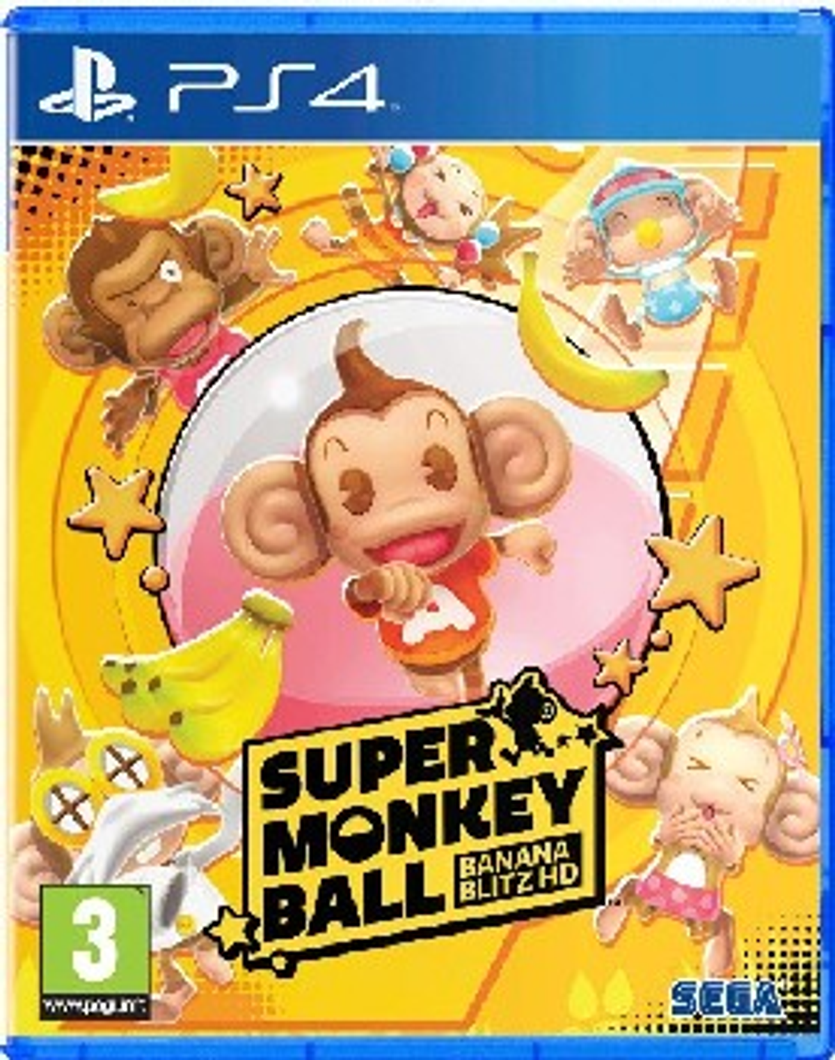Game cover of 'Super Monkey Ball Banana Blitz HD' for PS4. Monkeys and bananas are shown.
