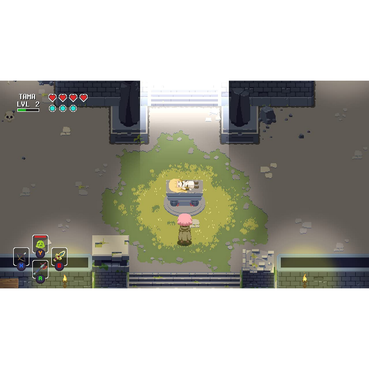 Widok z góry na pikselową scenę gry. Postać stoi w pobliżu sanktuarium ze śpiącym zwierzęciem.