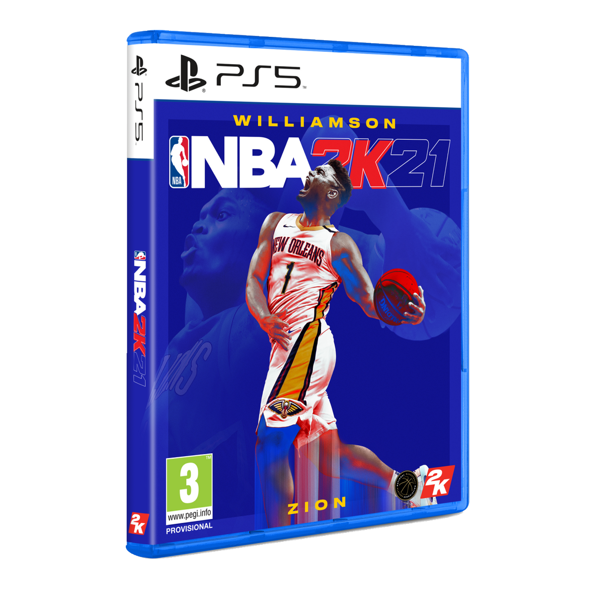 Caja del videojuego NBA 2K21. Zion Williamson está en la portada, sosteniendo un balón de baloncesto.