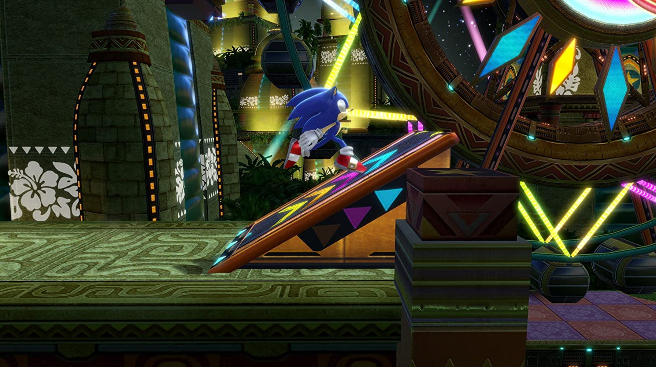 Sonic the Hedgehog corriendo en una plataforma en una escena de videojuego colorida.