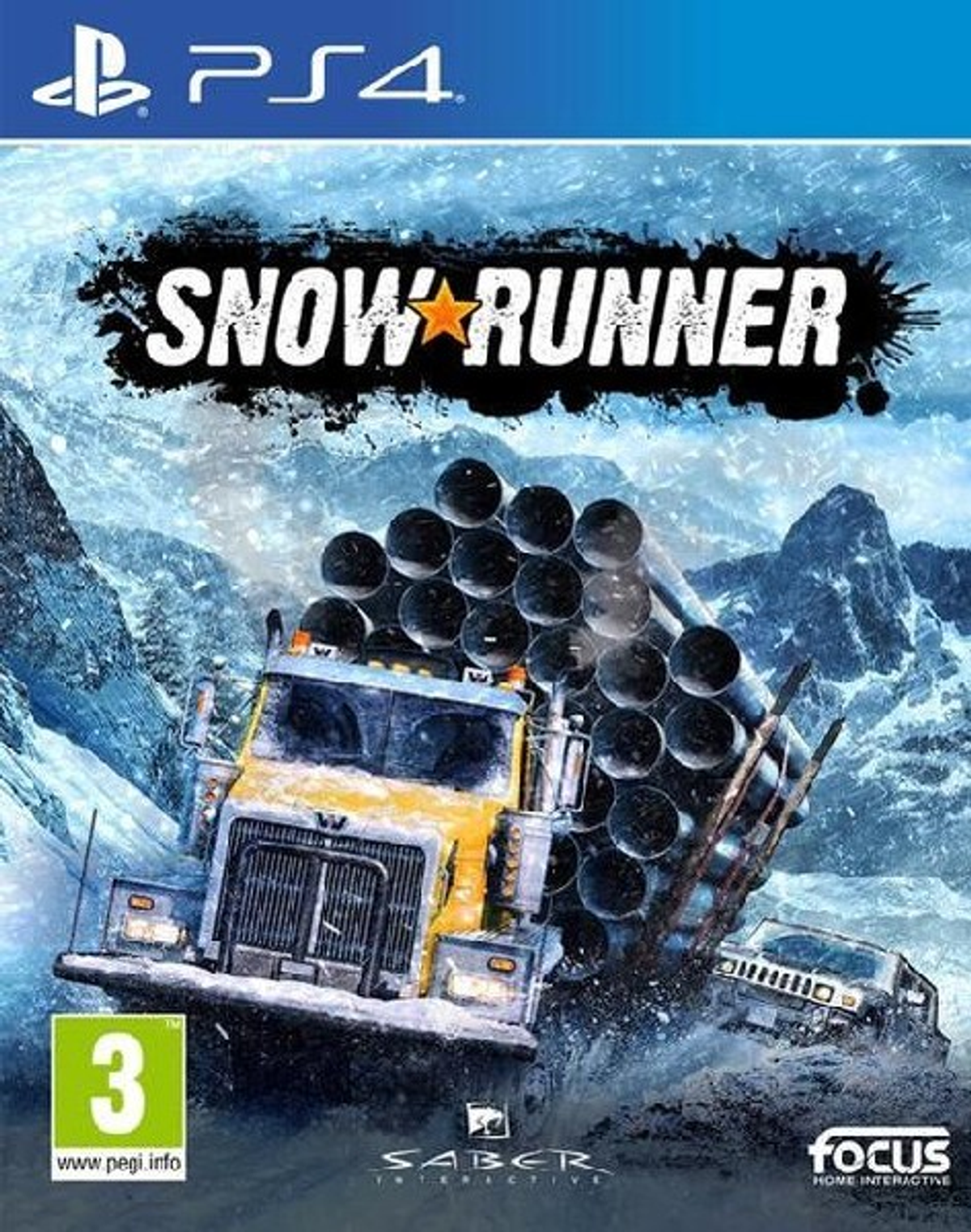 Copertina del gioco SnowRunner: camion che guida sulla neve. Logo in bianco e arancione.
