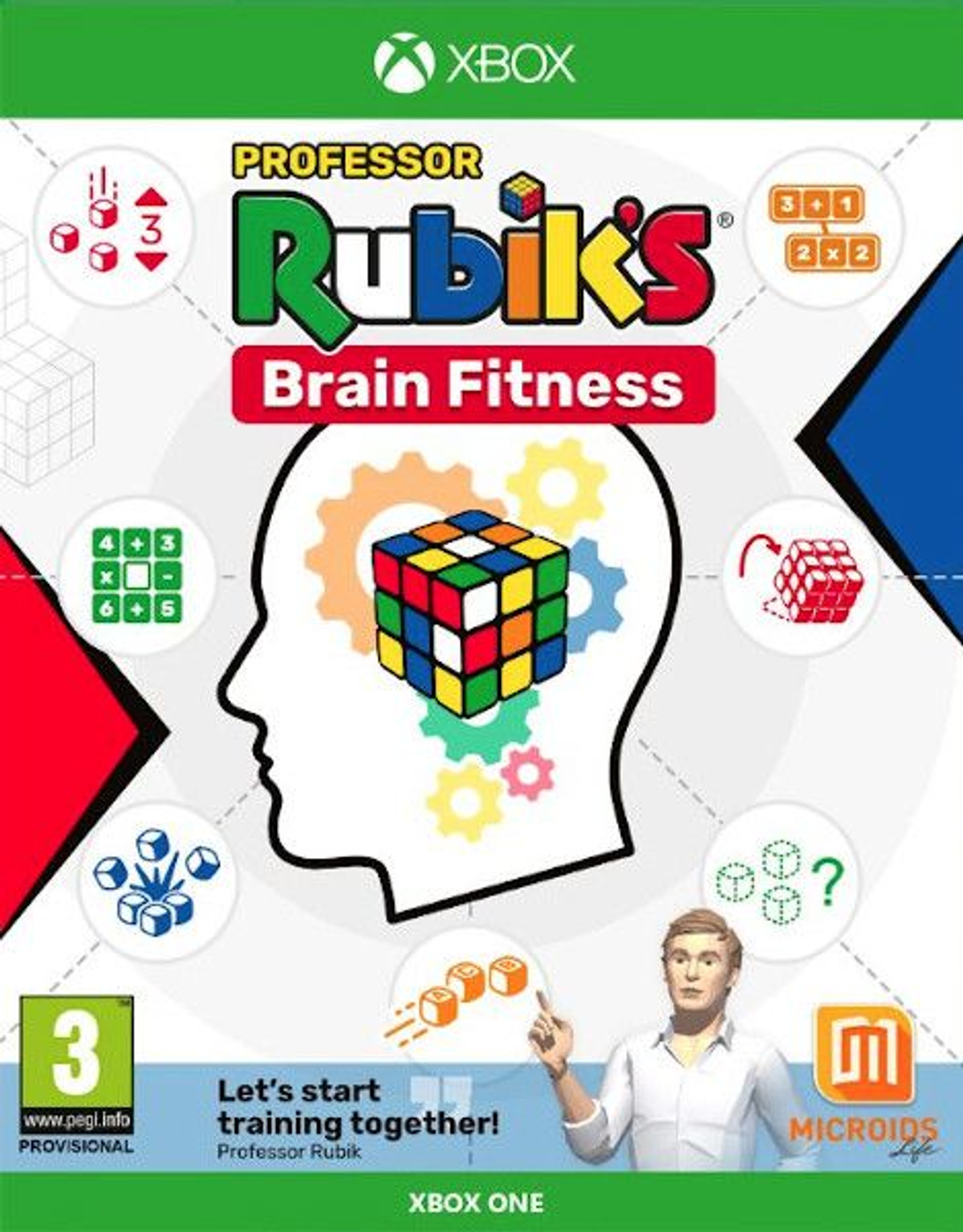 Scatola del gioco Professor Rubik's Brain Fitness. Presenta il cubo di Rubik, una sagoma di testa e immagini di puzzle.