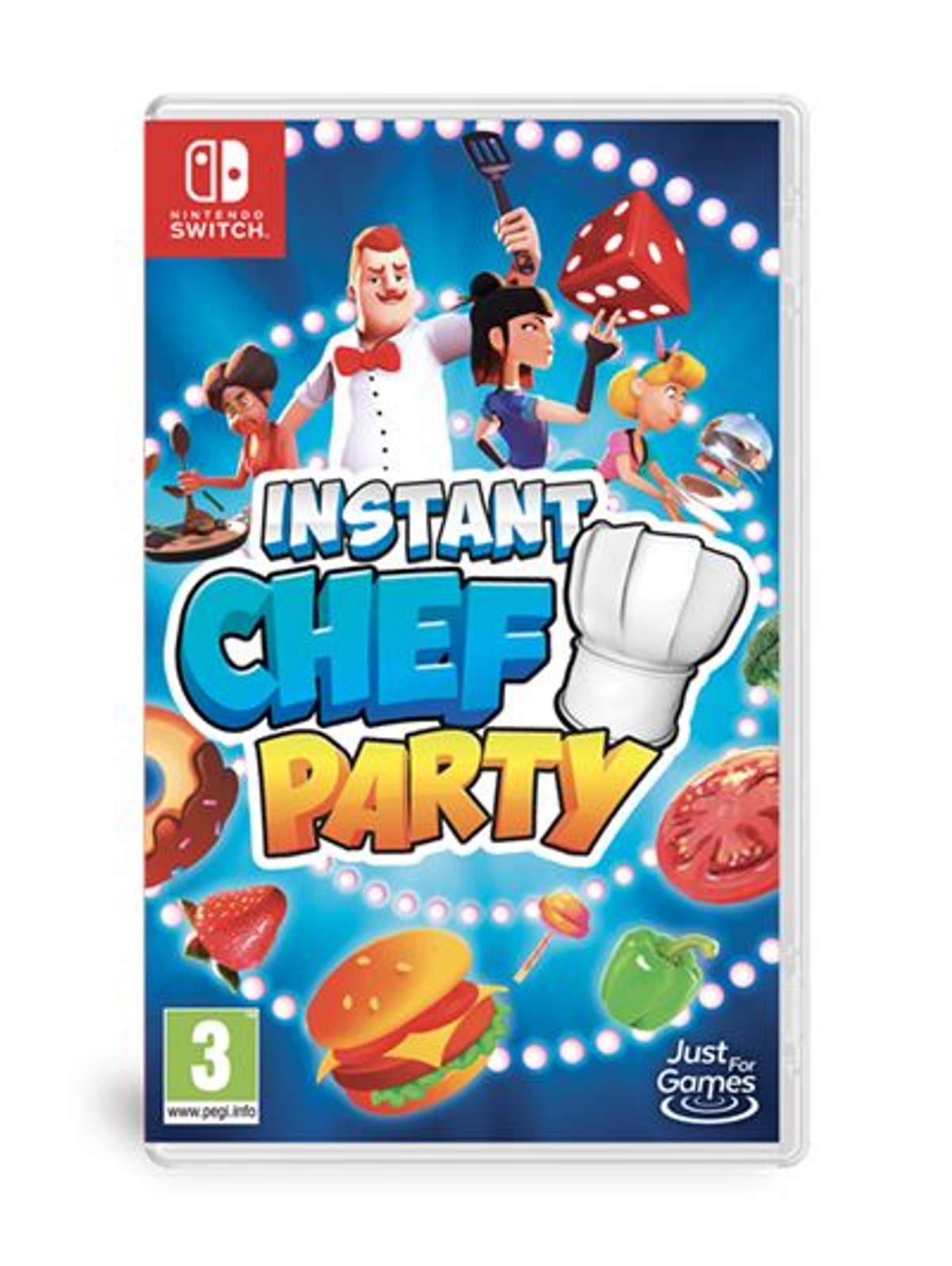 Instant Chef Party Switch-Spiel-Cover. Charaktere kochen Essen mit Kochwerkzeugen und Zutaten.