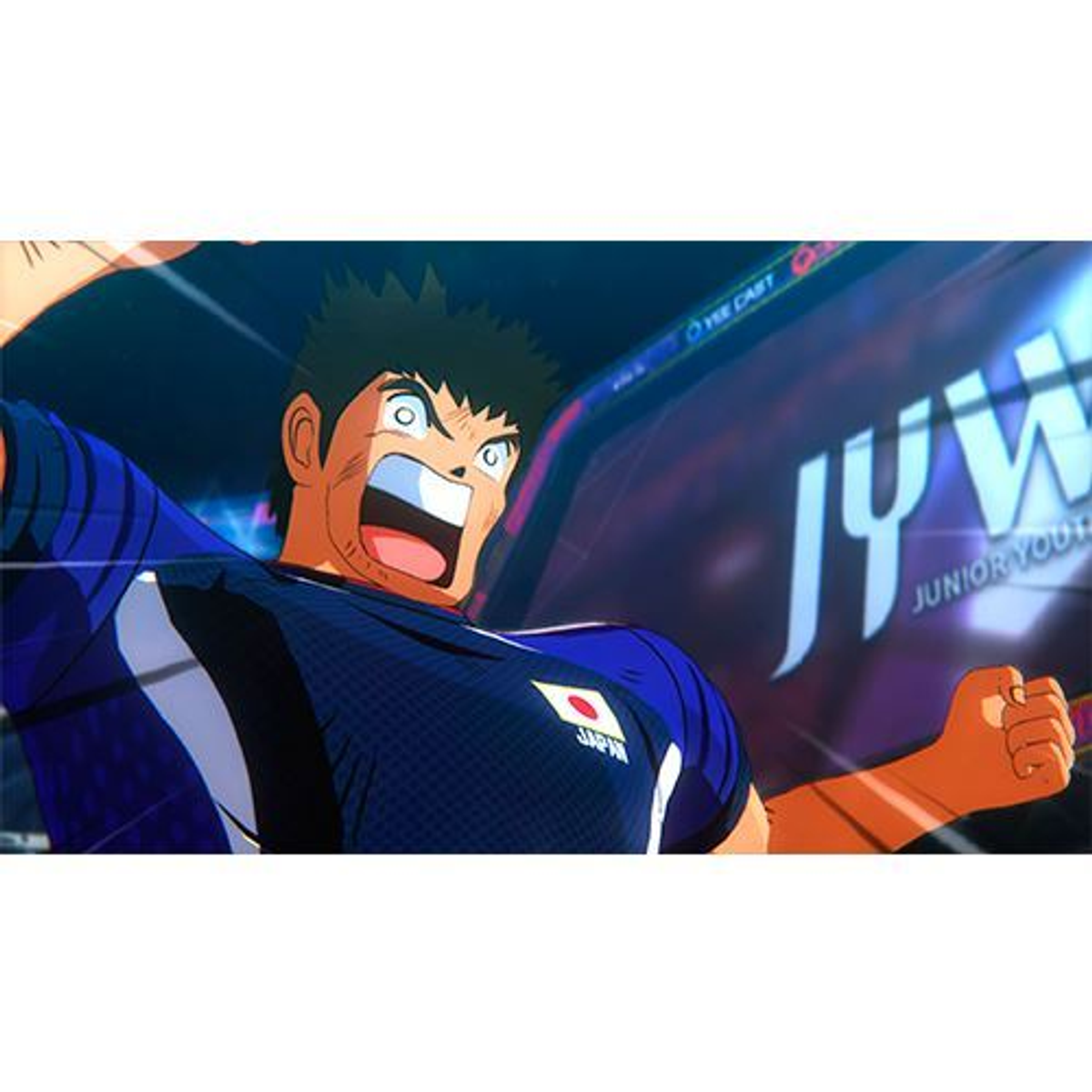 Personaggio in stile anime in maglia blu, bocca aperta, braccio alzato, con uno sfondo di stadio.
