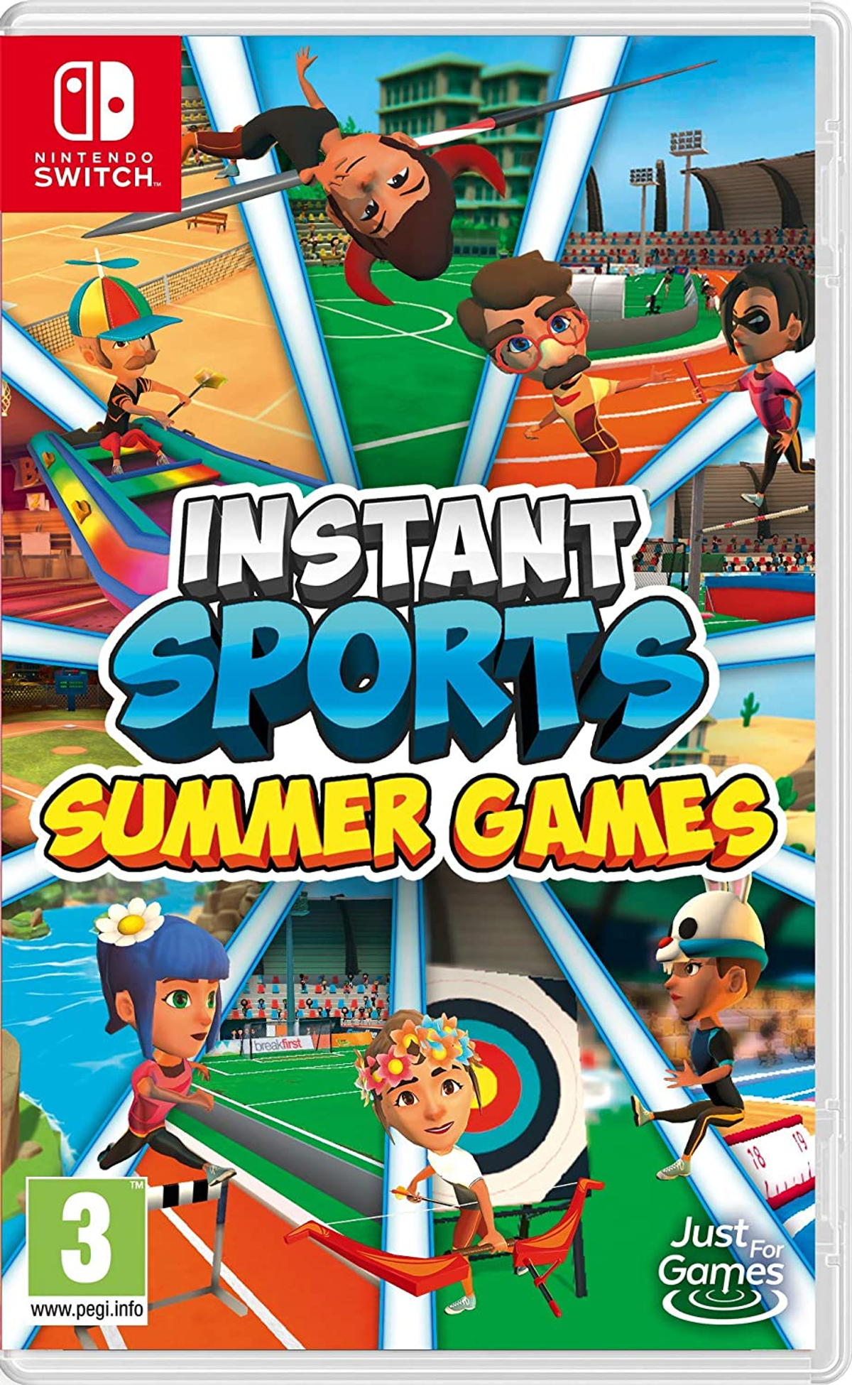 Artwork della confezione del gioco per Instant Sports Summer Games. Personaggi dei cartoni animati che praticano vari sport estivi.