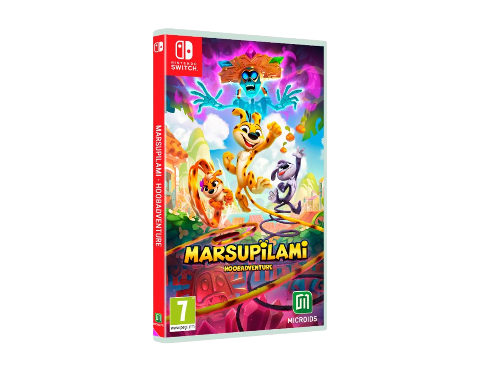 Okładka gry Marsupilami: Hoobadventure. Postacie z kreskówek na kolorowym tle dżungli.