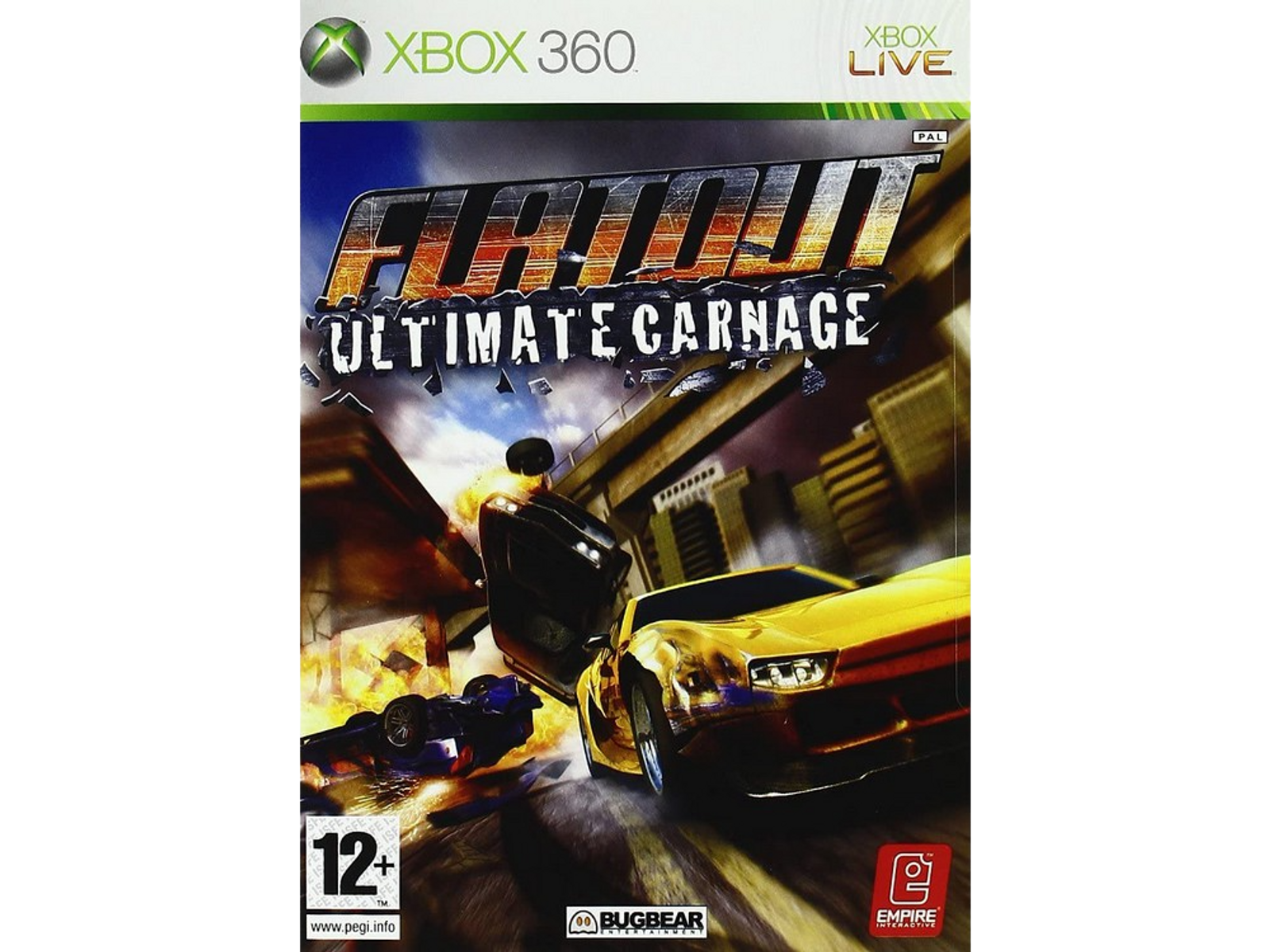 Pudełko gry: Scena wypadku samochodowego. Tytuł: 'FlatOut Ultimate Carnage'. Logo Xbox 360.