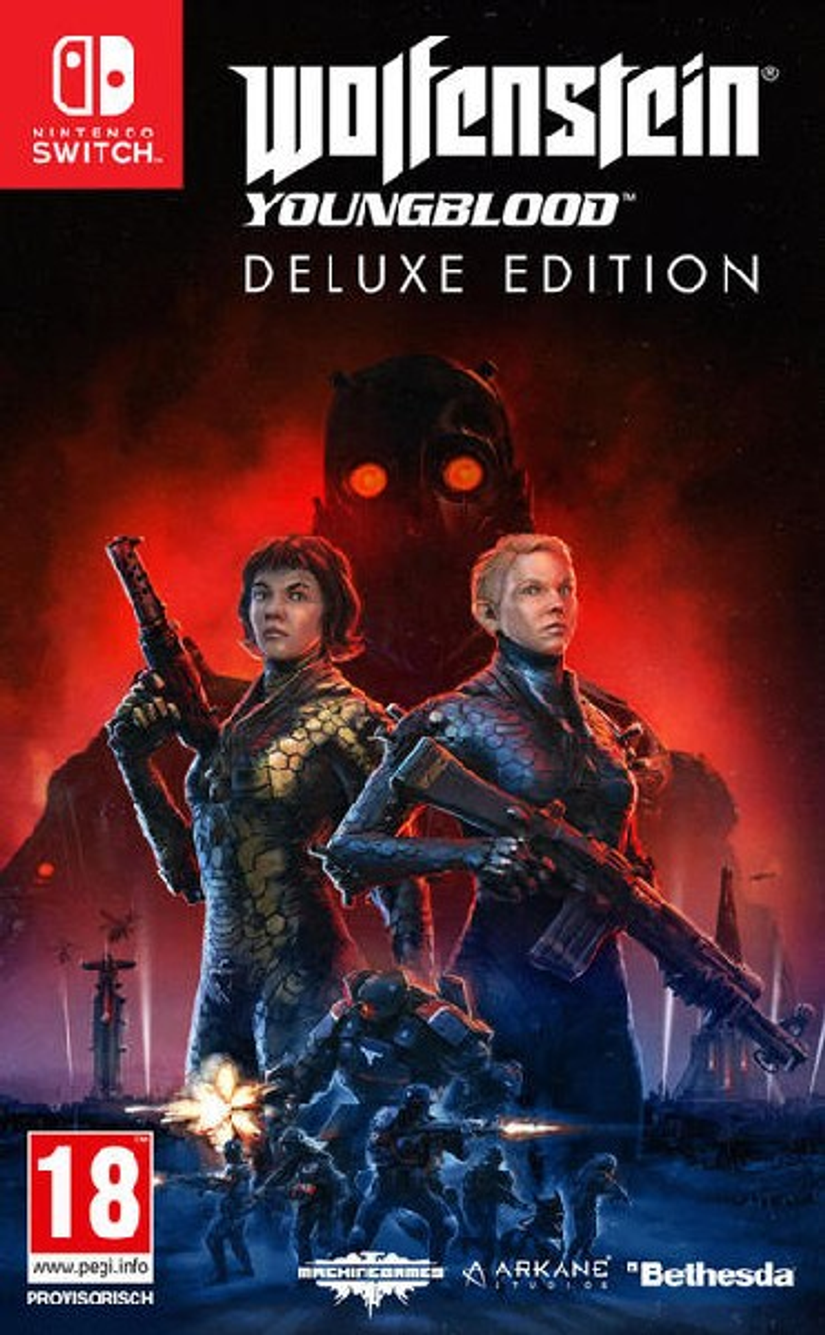 Copertina del gioco Wolfenstein: Youngblood Deluxe Edition. Presenta due donne con armi, una figura oscura e soldati.