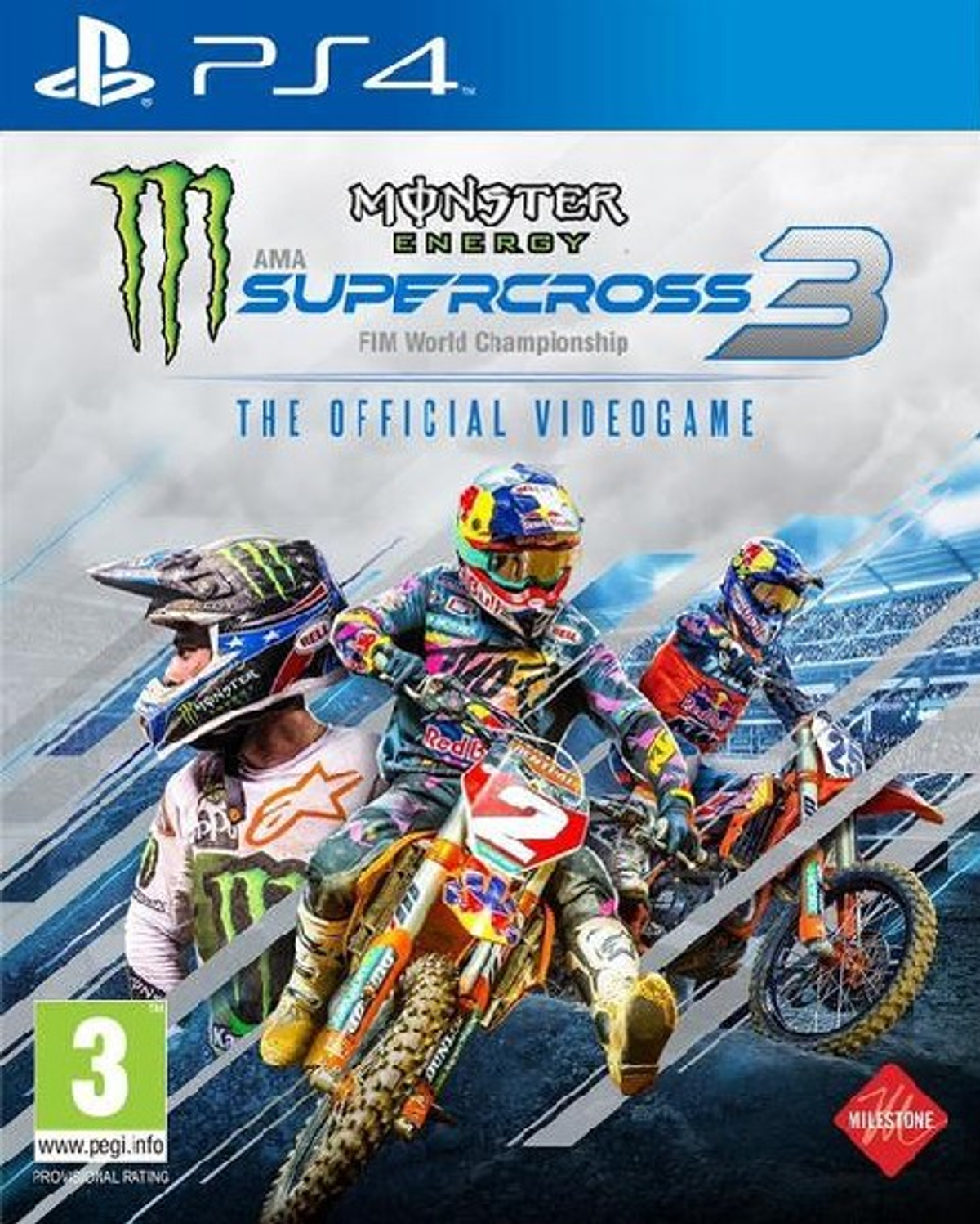 Scatola del gioco 'Monster Energy Supercross 3' con piloti di motocross su moto, con un logo.