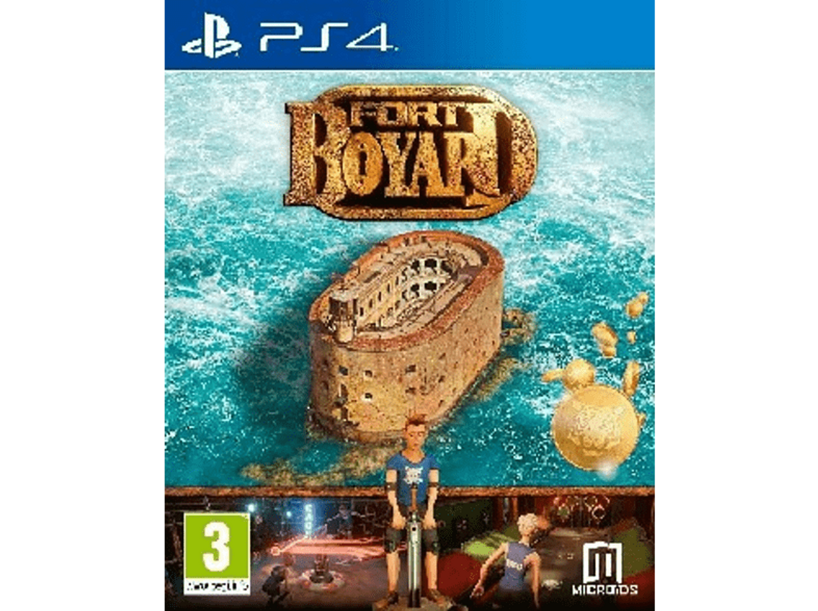 Caja del juego Fort Boyard con imagen de fuerte, agua, dos personas y logo de PS4.