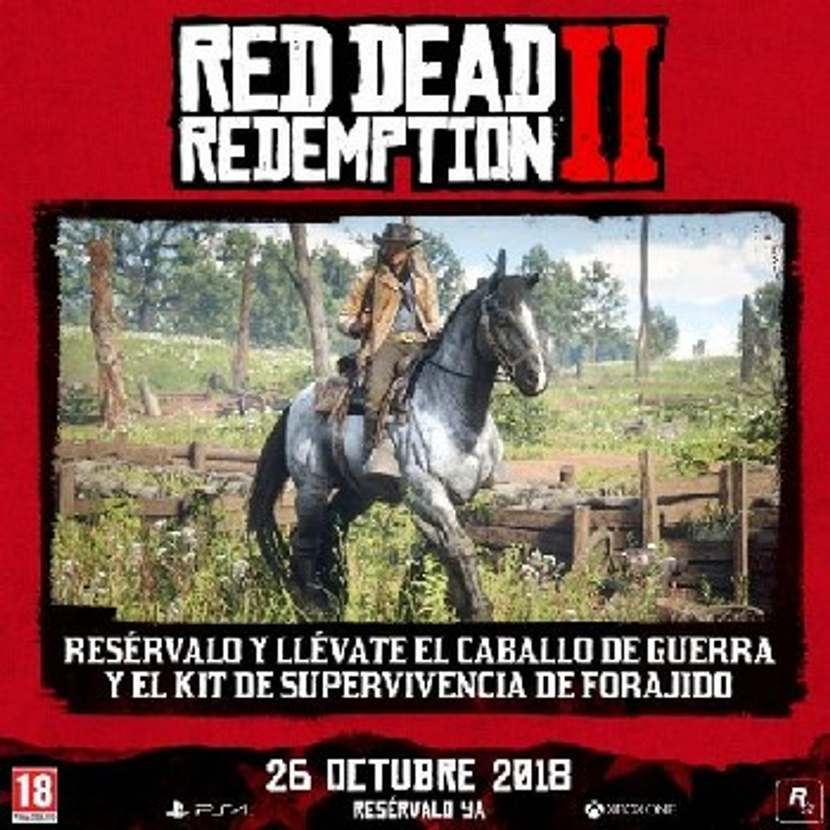 Okładka gry Red Dead Redemption 2: Kowboj jedzie na szarym koniu przez pole.