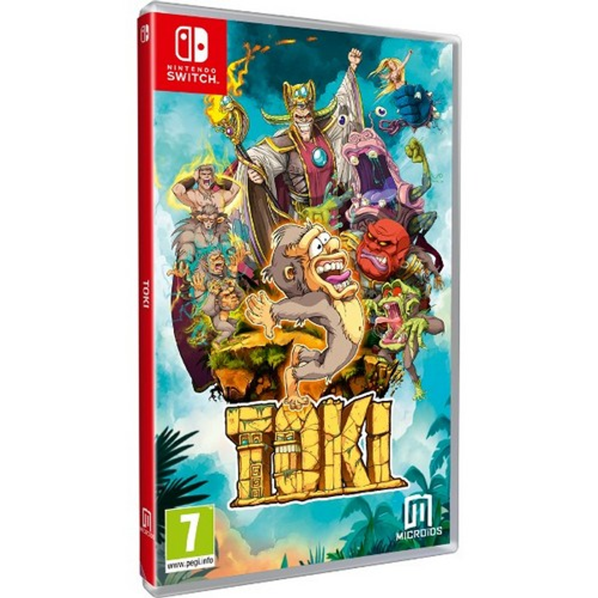 La copertina del gioco Toki per Nintendo Switch. Presenta un personaggio simile a un gorilla con altre creature.