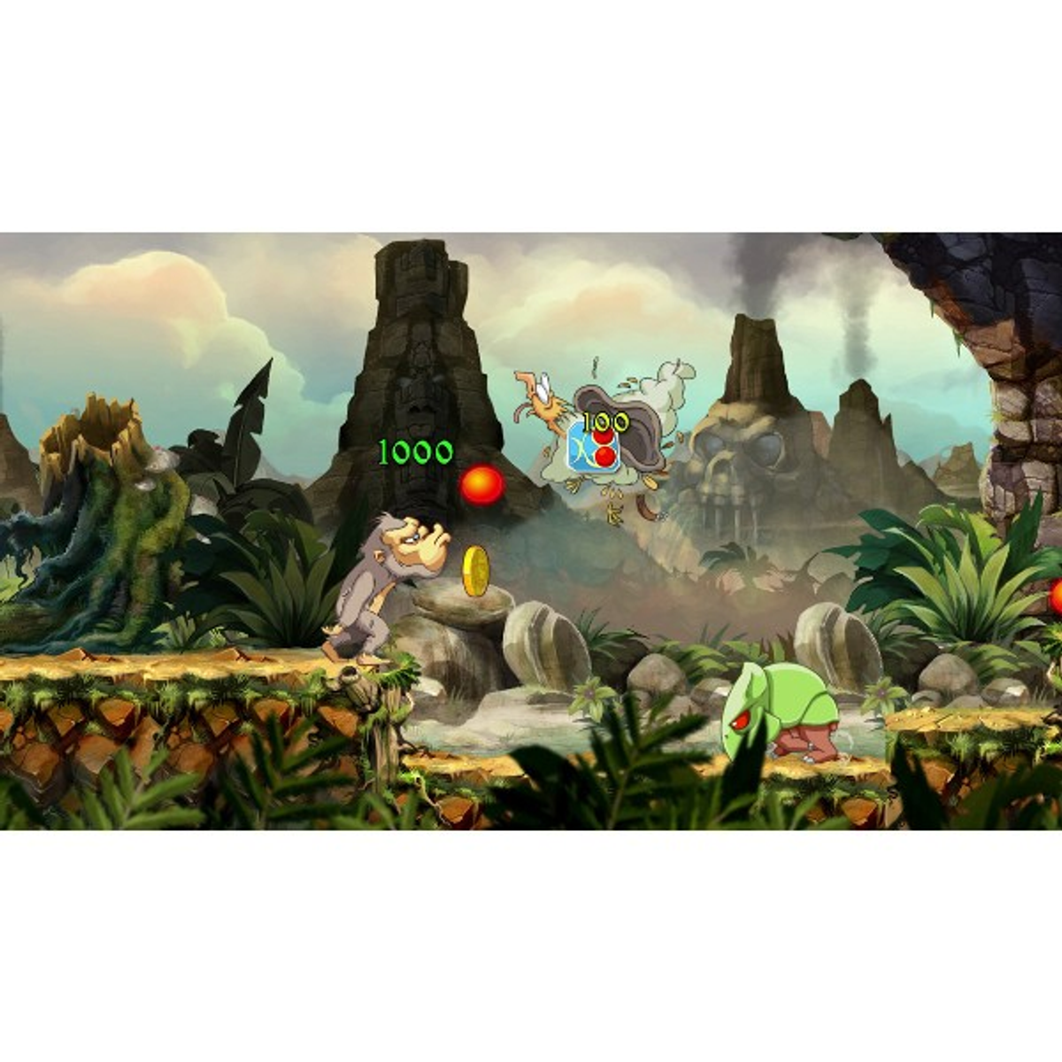 Una scena di gioco in stile cartone animato. Una scimmia raccoglie monete, con un mostro che corre e un paesaggio di sfondo.