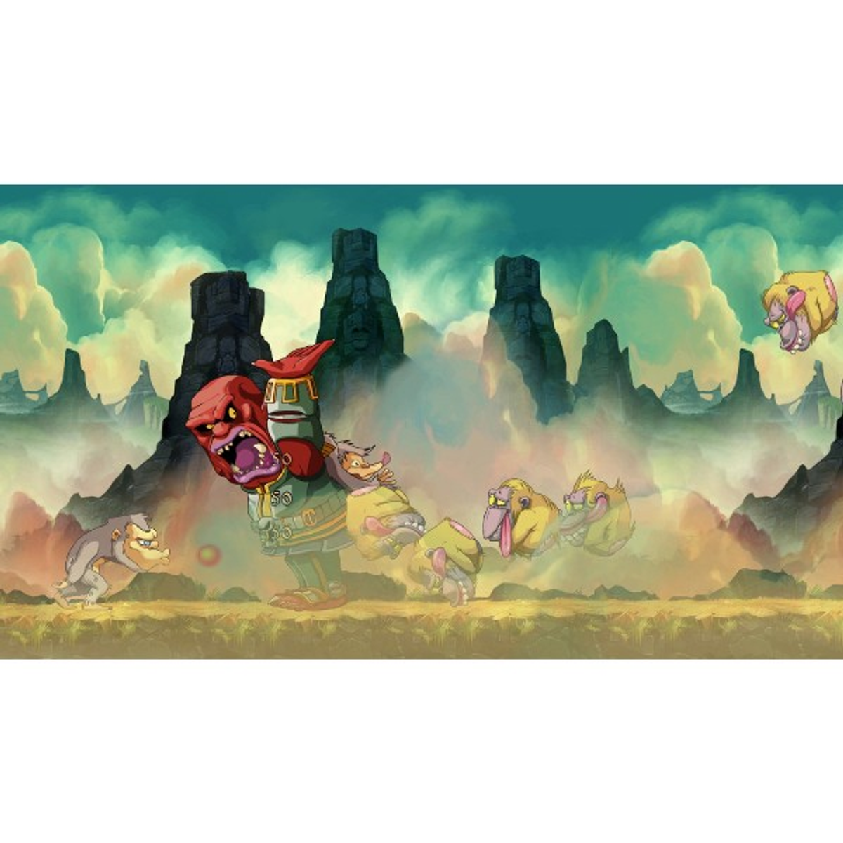 Una scena di un videogioco mostra un mostro con la faccia rossa e diverse creature gialle in un paesaggio colorato.