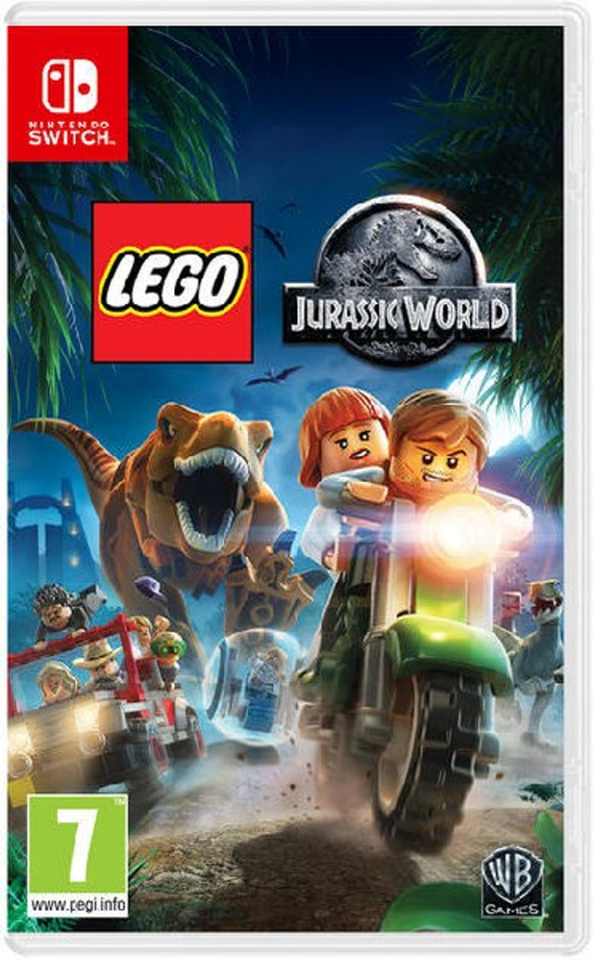 Okładka gry LEGO Jurassic World. Postacie na motocyklu, T-Rex i tło dżungli.