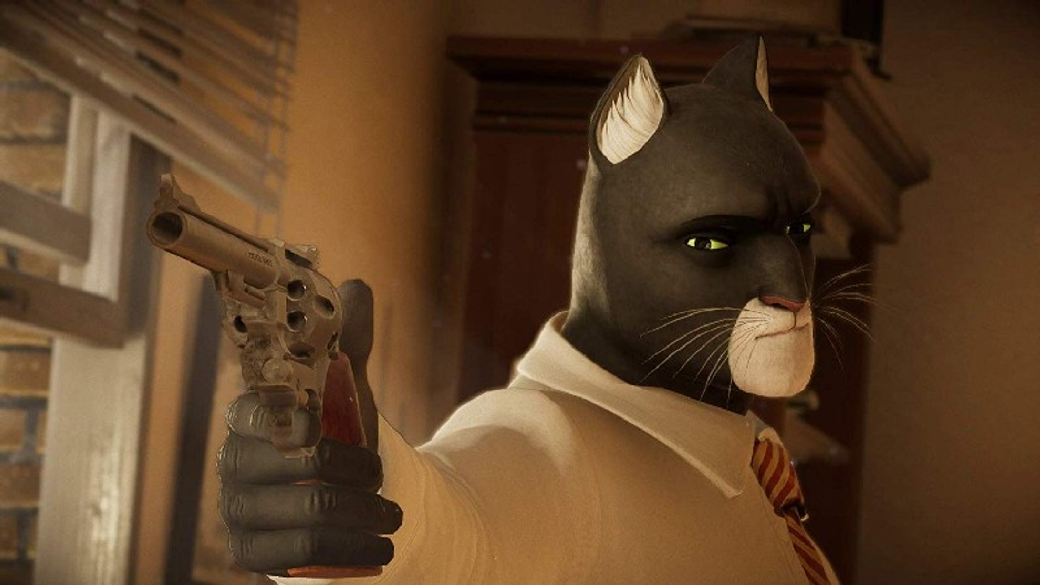 Un hombre con cabeza de gato con camisa blanca y corbata sosteniendo un arma. Está mirando al espectador.