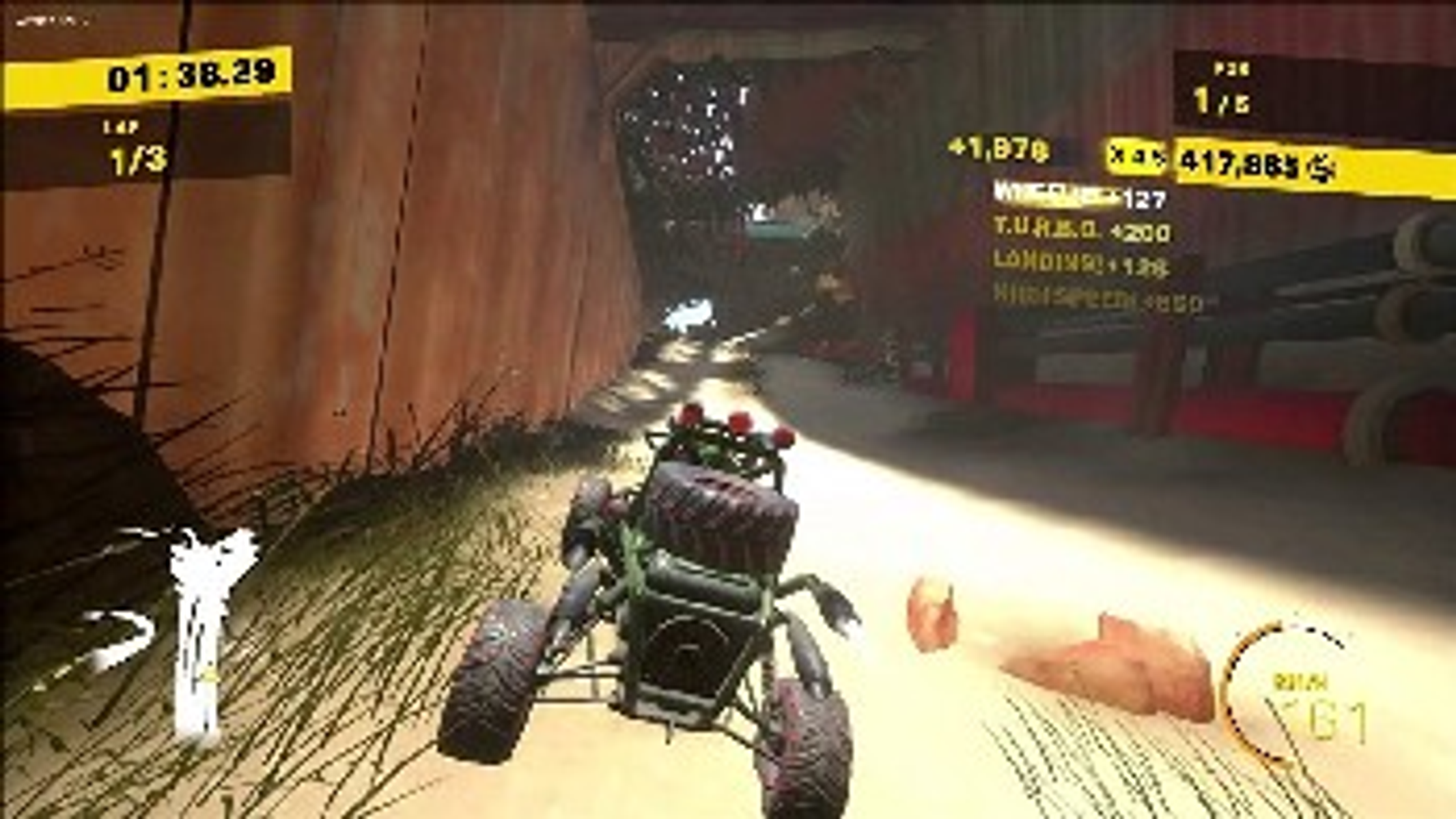 Un buggy verde corre en una pista de tierra. El temporizador muestra 1:38:29. La escena es un juego.