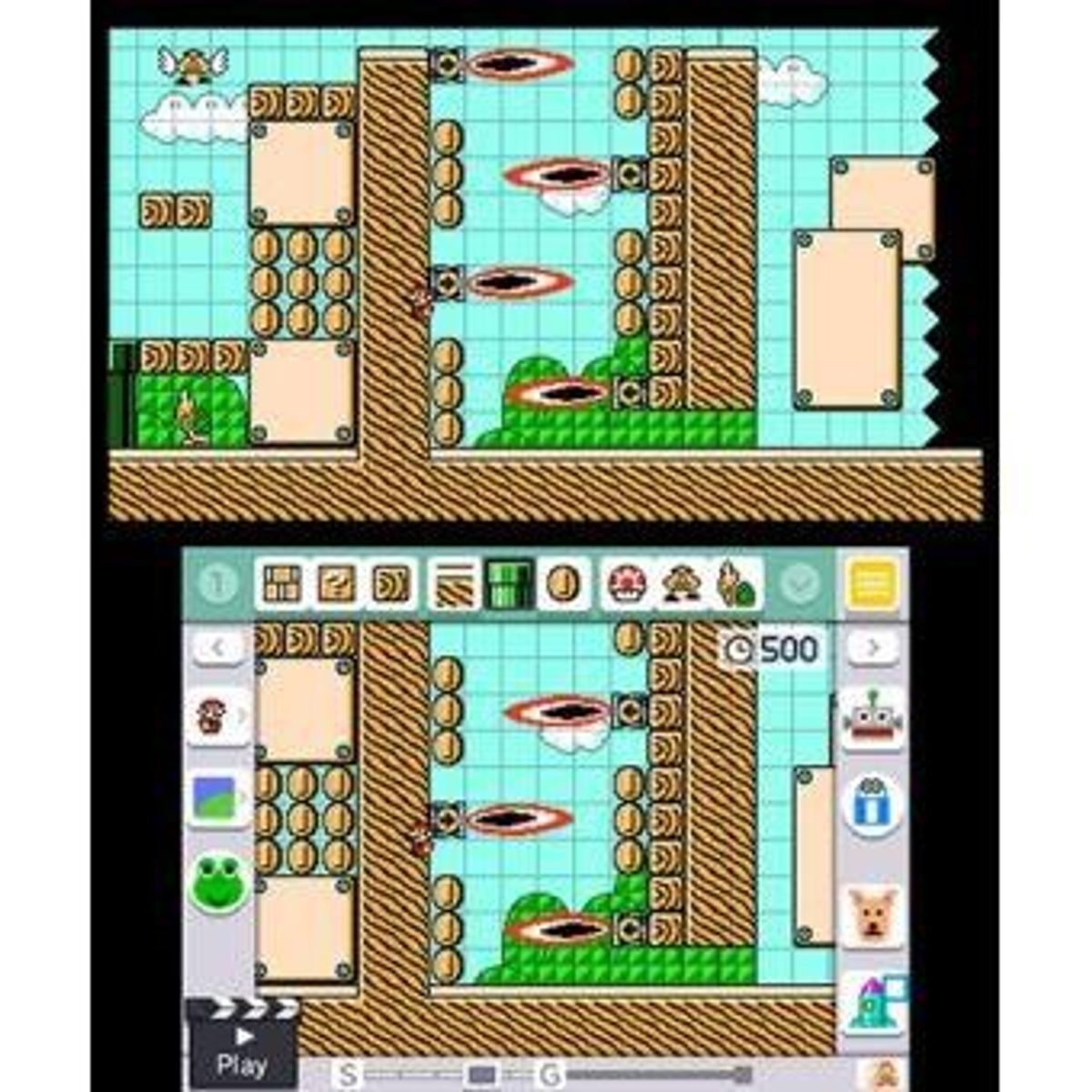 Zrzut ekranu poziomu Super Mario Maker. Górny ekran pokazuje projekt poziomu.