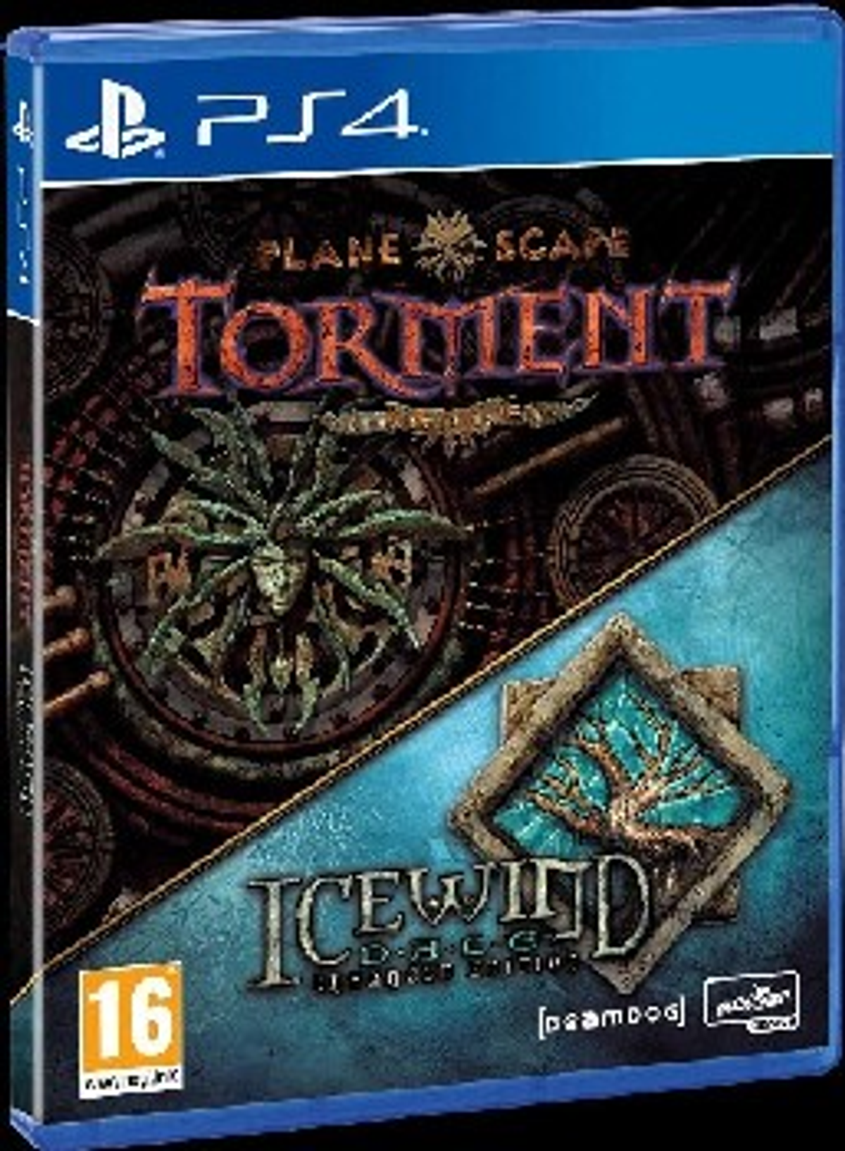 De game-omslag van Planescape: Torment & Icewind Dale toont een gezicht, een blauwe edelsteen en een achtergrond van tandwielen.