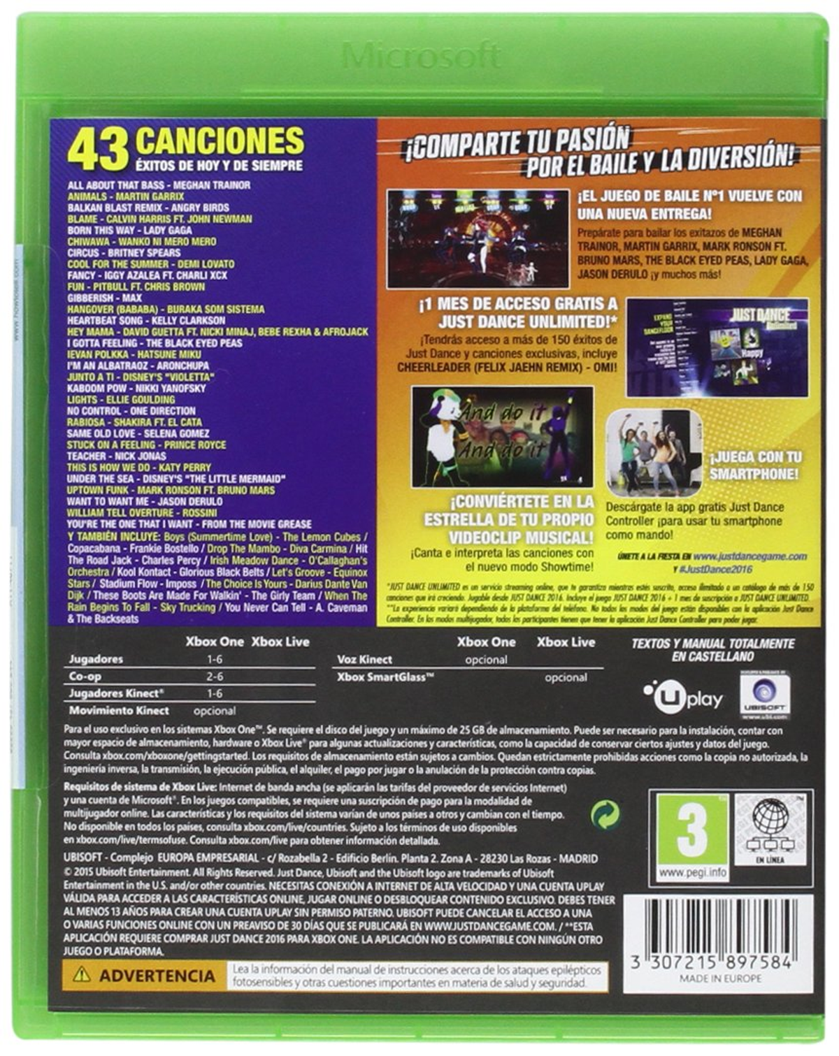Tył pudełka z grą pokazujący listę utworów gry muzycznej. Tytuł to 'Just Dance 2016'.