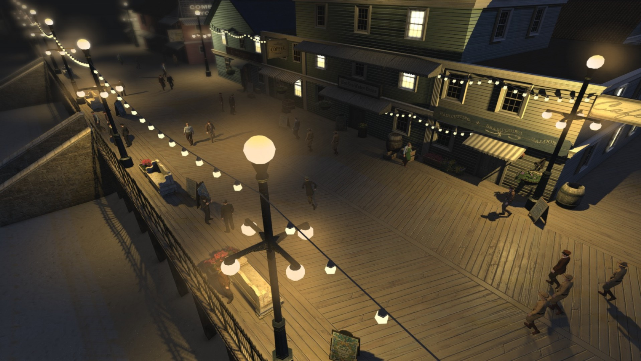Escena nocturna en un paseo marítimo con farolas, tiendas y gente caminando, creando un ambiente acogedor.
