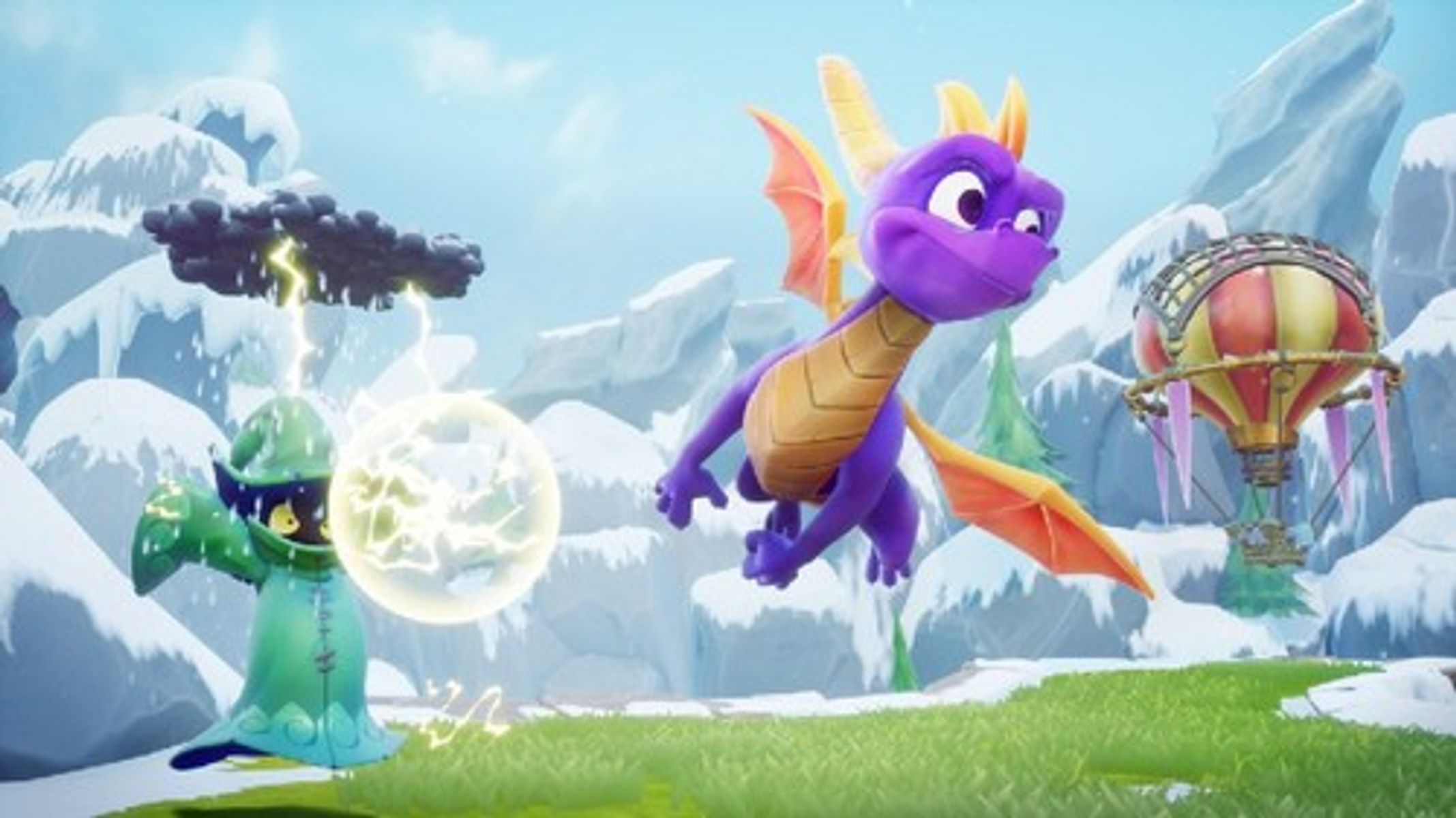 Spyro the Dragon latający w zaśnieżonym otoczeniu z czarodziejem i balonem na ogrzane powietrze.
