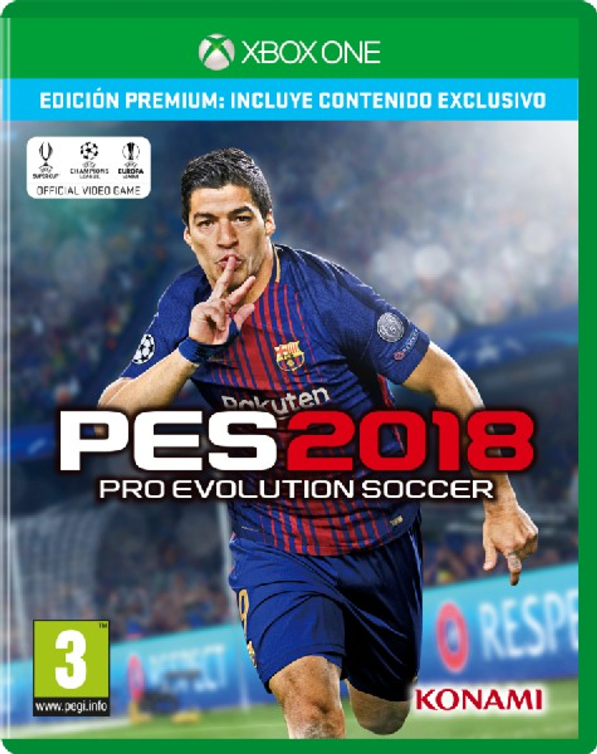 Okładka gry PES 2018. Zawiera piłkarza z gestem dłoni i informacje o grze.